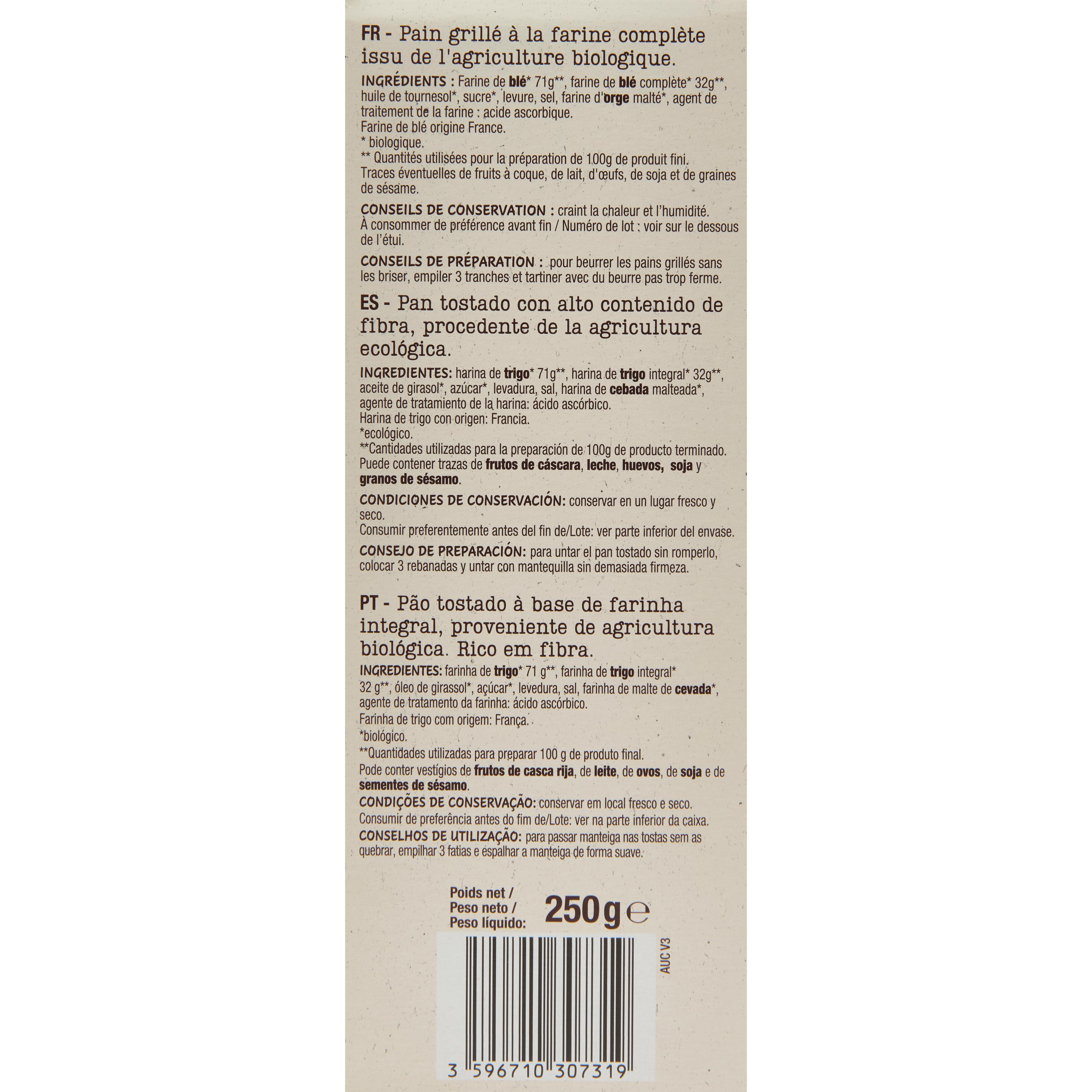 Voir la diapositive 5 : AUCHAN BIO Pain grillé à la farine complète 12 tranches 250g