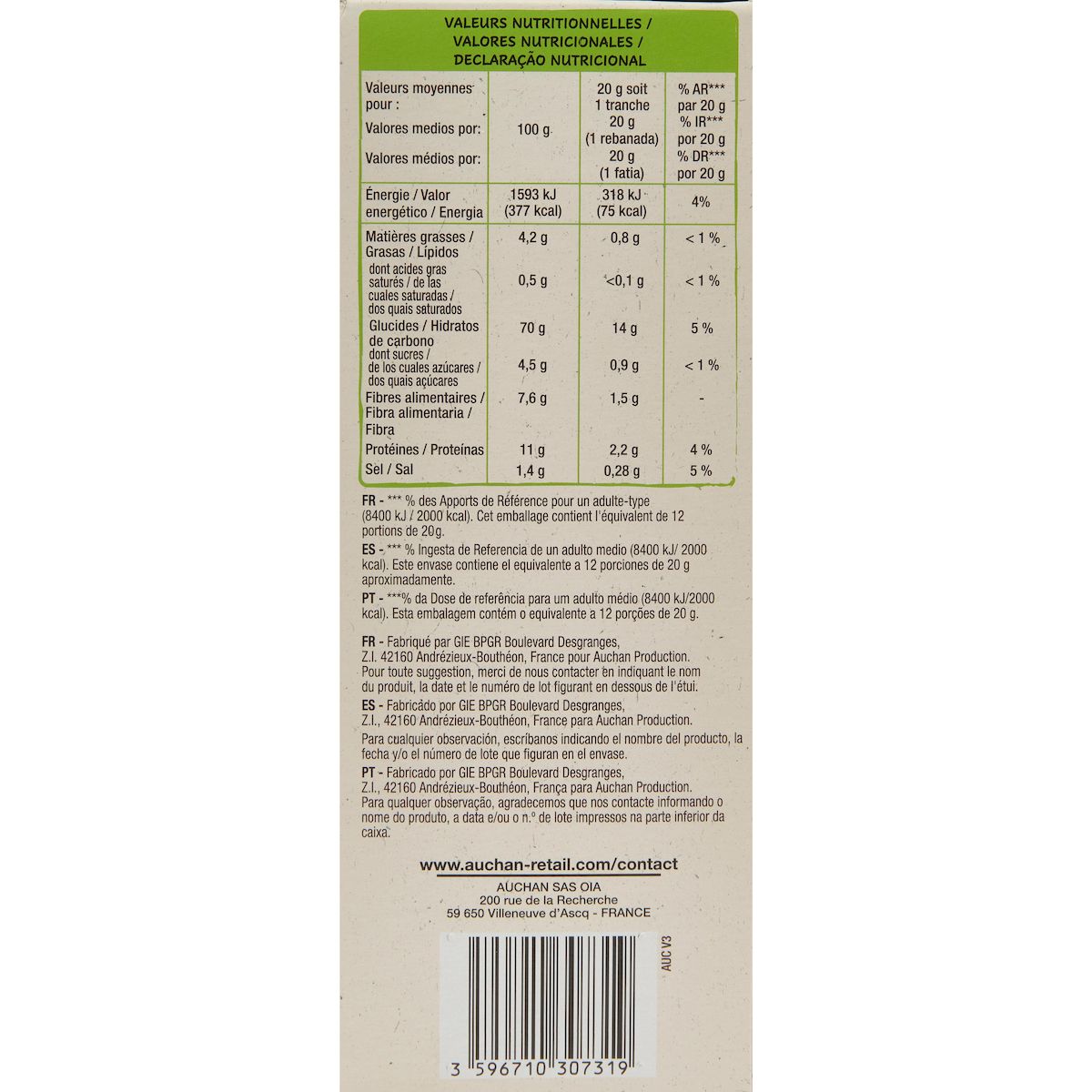 AUCHAN BIO Pain grillé à la farine complète 12 tranches 250g