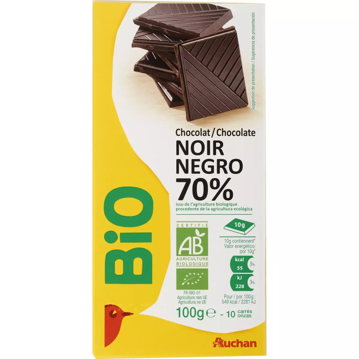 AUCHAN BIO Tablette de chocolat noir 70% 1 pièce 100g
