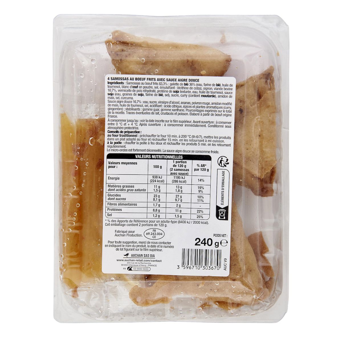 AUCHAN Samossa au boeuf sauce aigre douce 4 pièces 240g