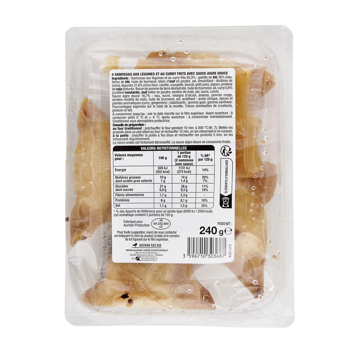 AUCHAN Samossa aux légumes sauce aigre douce 4 pièces 240g