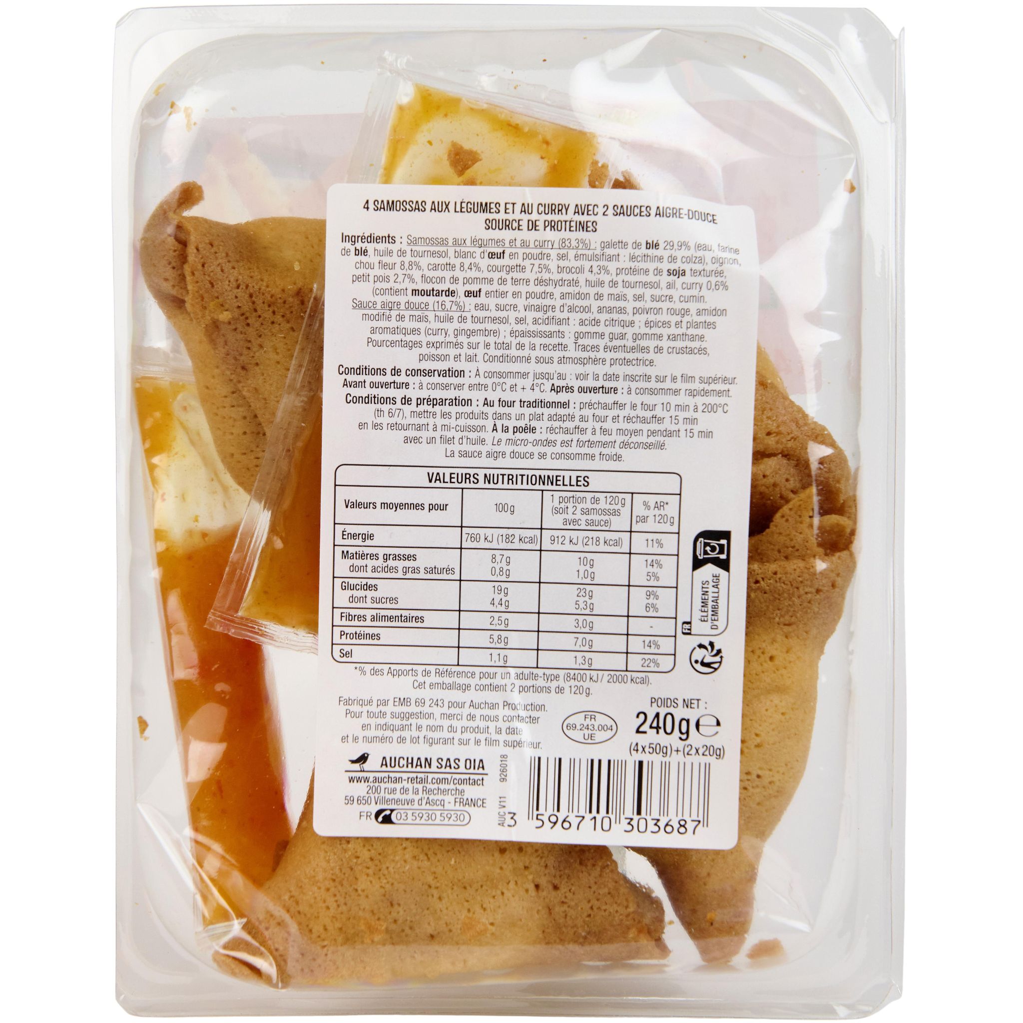 Voir la diapositive 2 : AUCHAN Samossa aux légumes sauce aigre douce 4 pièces 240g