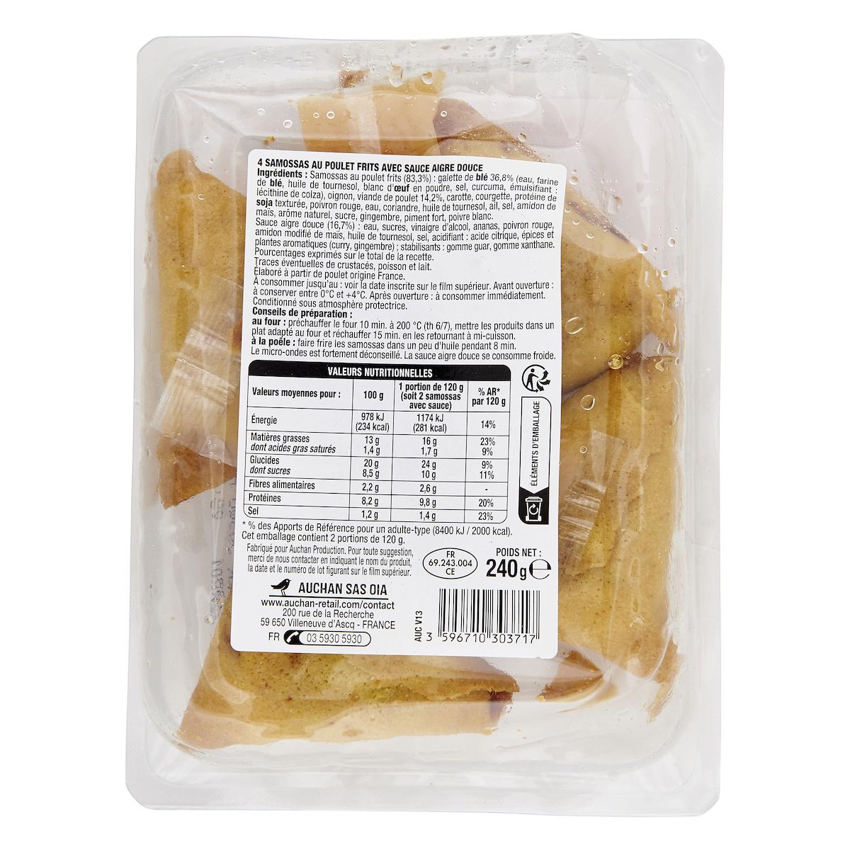 AUCHAN Samossa de poulet sauce aigre douce 4 pièces 240g