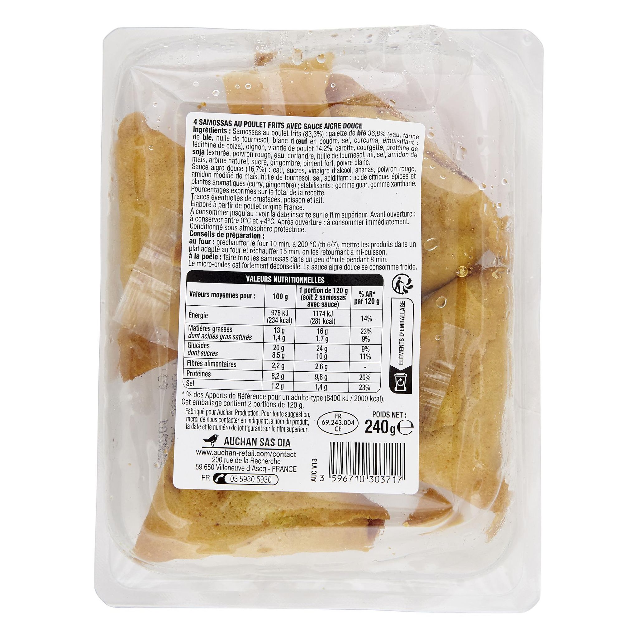 Voir la diapositive 2 : AUCHAN Samossa de poulet sauce aigre douce 4 pièces 240g