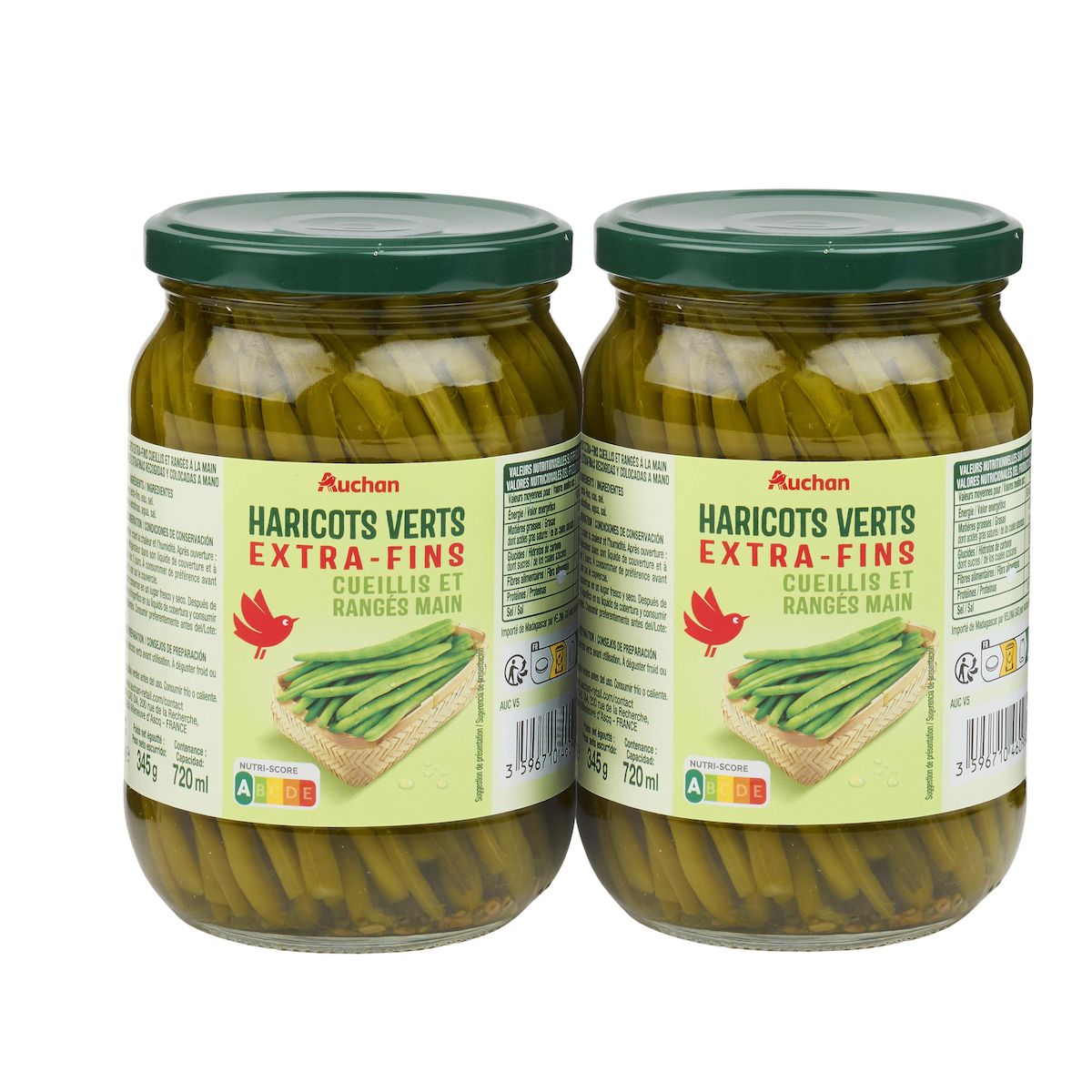 AUCHAN Haricots verts extra fins cueillis et rangés main en bocal 2x345g