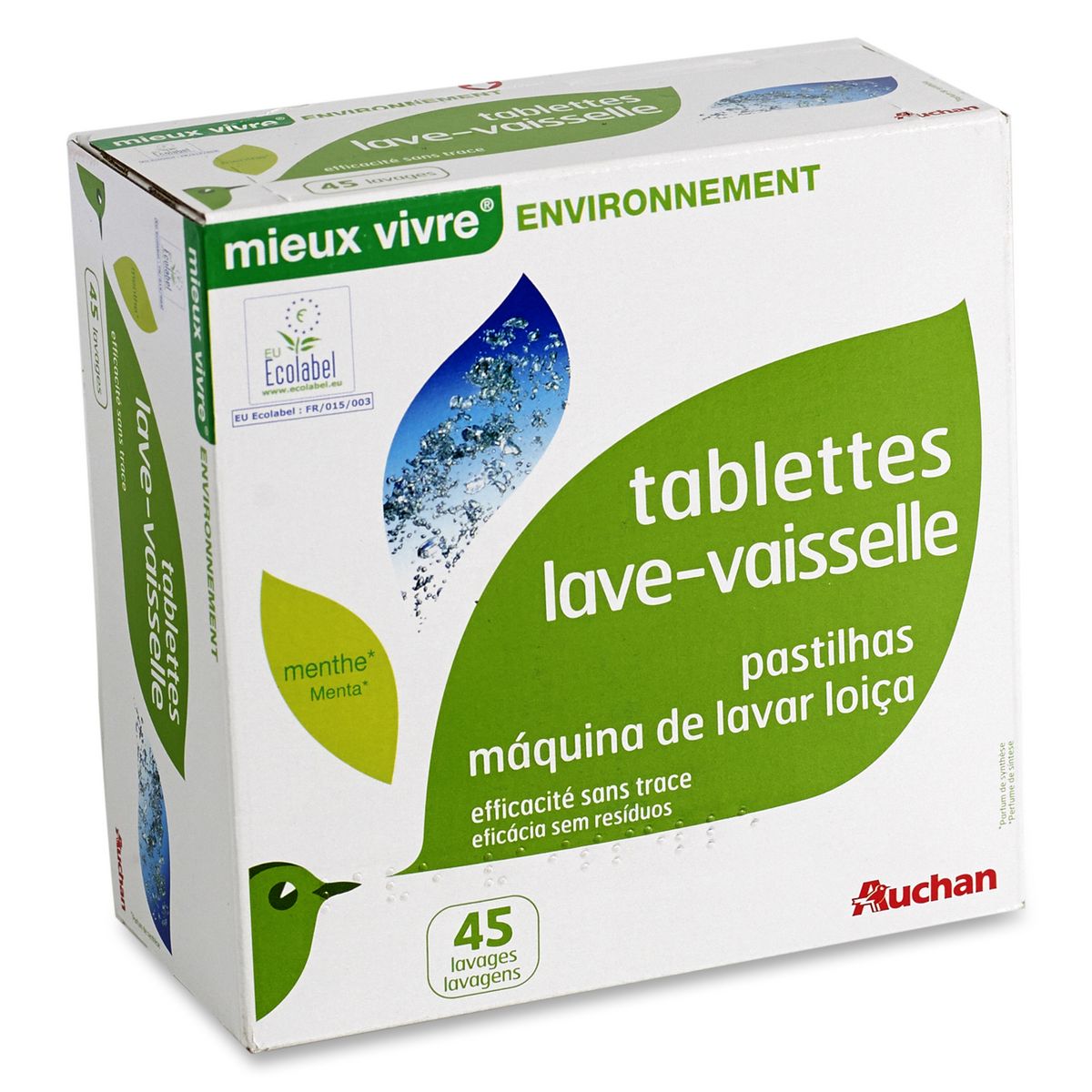 AUCHAN Tablettes lave-vaisselle parfum menthe 45 tablettes