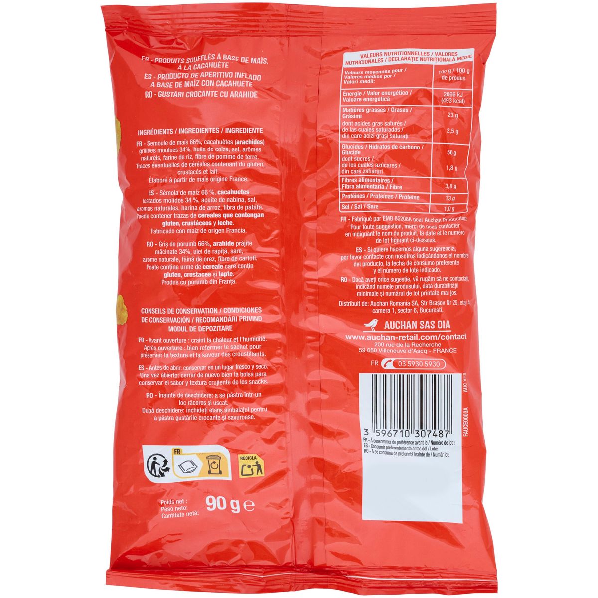 AUCHAN Biscuits soufflés croustillants saveur cacahuète 90g