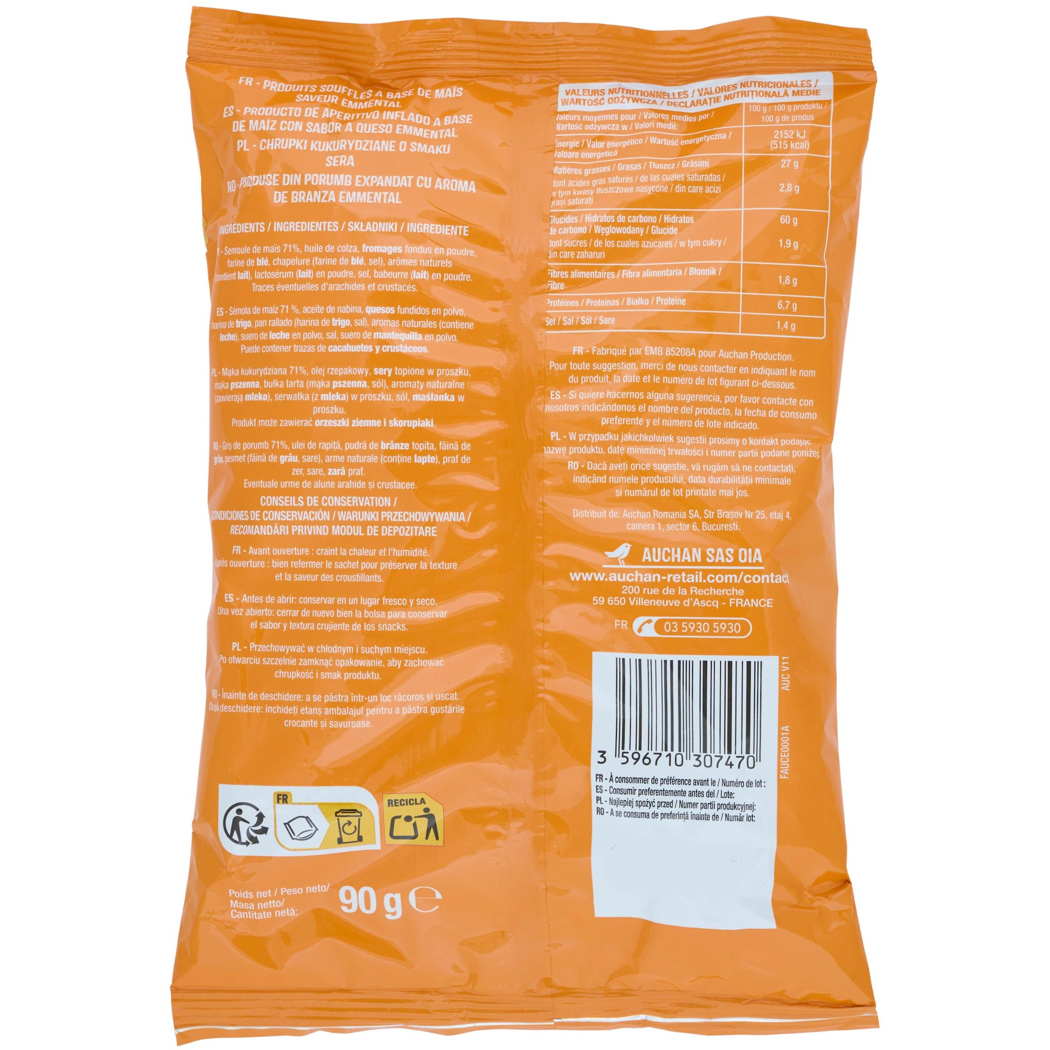 Voir la diapositive 2 : AUCHAN Biscuits soufflés croustillants saveur emmental 90g