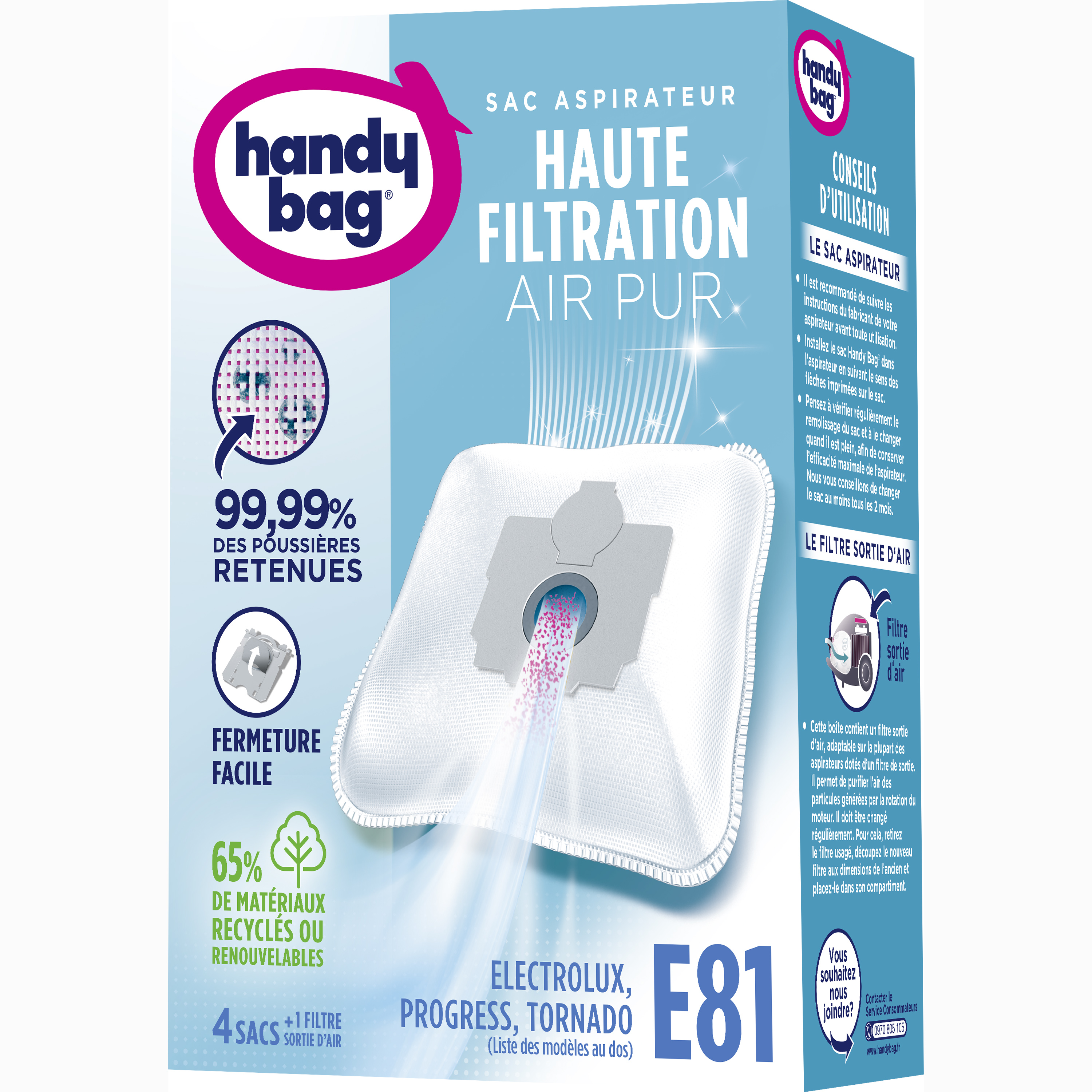 Voir la diapositive 2 : HANDY BAG Sacs Aspirateurs E81 - Electrolux, Progress, Tornado - 4 sacs + 1 filtre sortie d'air à découper