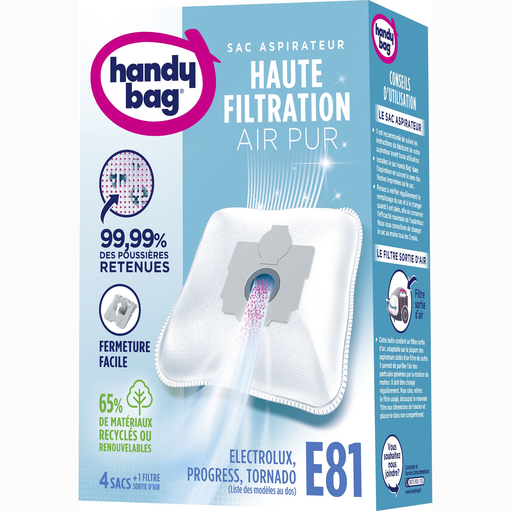 Voir la diapositive 2 : HANDY BAG Sacs Aspirateurs E81 - Electrolux, Progress, Tornado - 4 sacs + 1 filtre sortie d'air à découper
