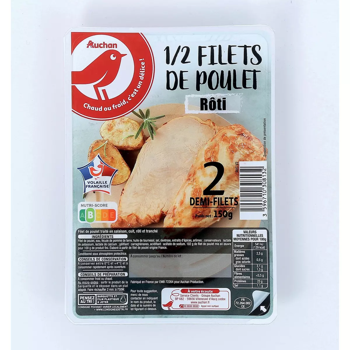 AUCHAN Demi filets de poulet rôti 2 pièces 150g