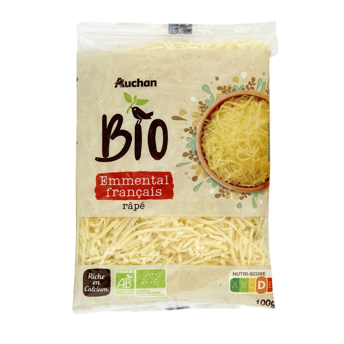 AUCHAN BIO Emmental râpé français au lait pasteurisé bio 100 g