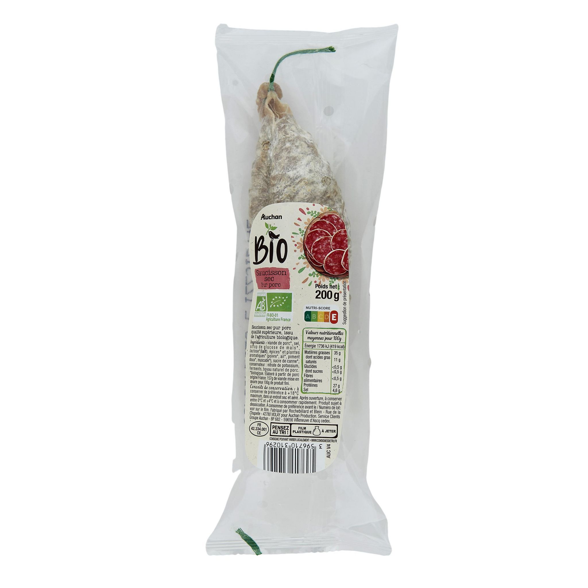 Voir la diapositive 2 : AUCHAN BIO Saucisson sec 200g