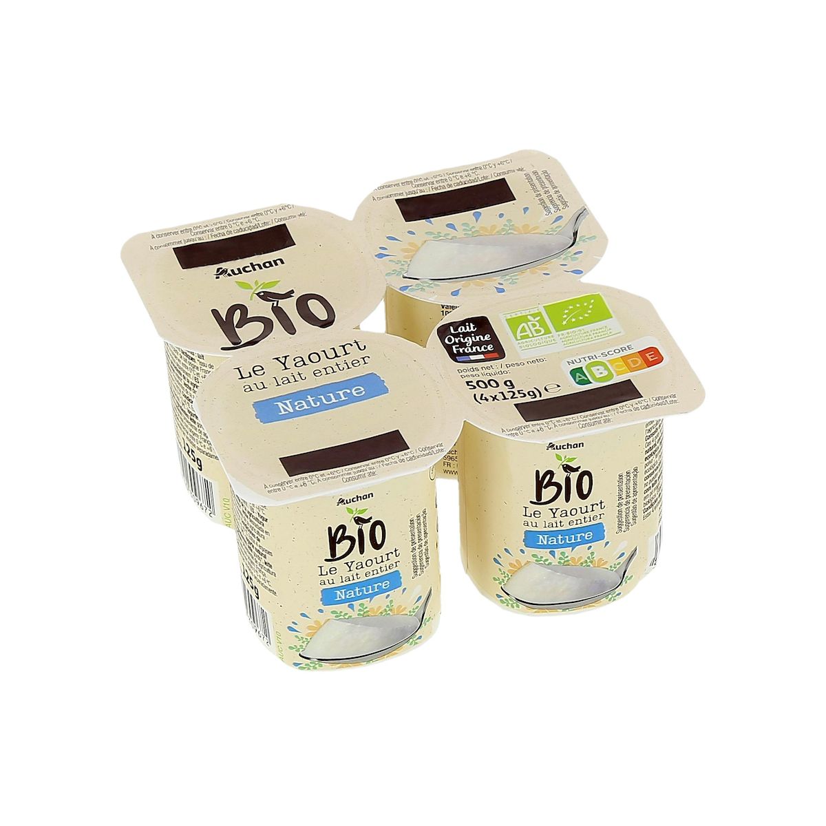 AUCHAN BIO Yaourt au lait entier nature 4x125g