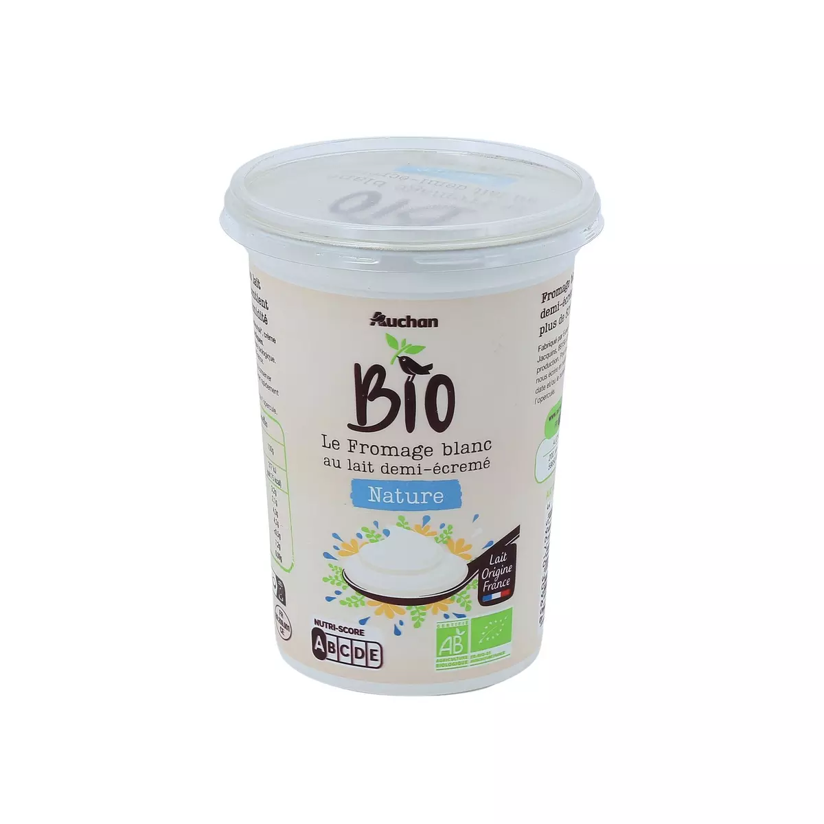 AUCHAN BIO Fromage blanc au lait demi-écrémé nature bio 500g