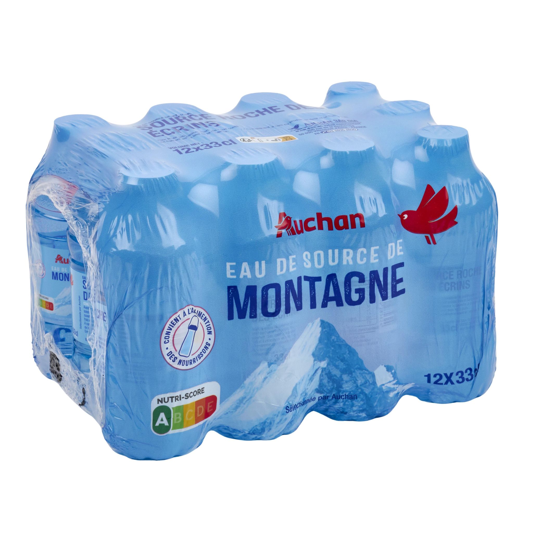 Voir la diapositive 2 : AUCHAN Eau de source de montagne bouteilles 12x33cl
