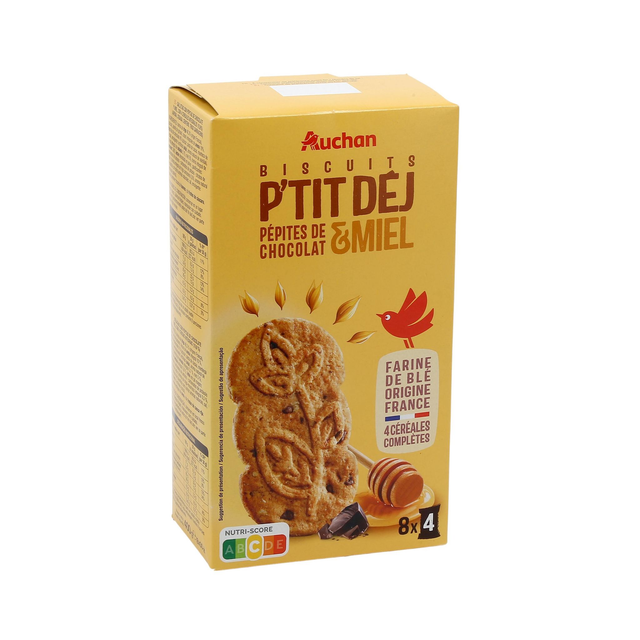 Voir la diapositive 2 : AUCHAN Biscuits petit-déjeuner pépites de chocolat et miel sachets fraîcheur 8x4 biscuits 400g