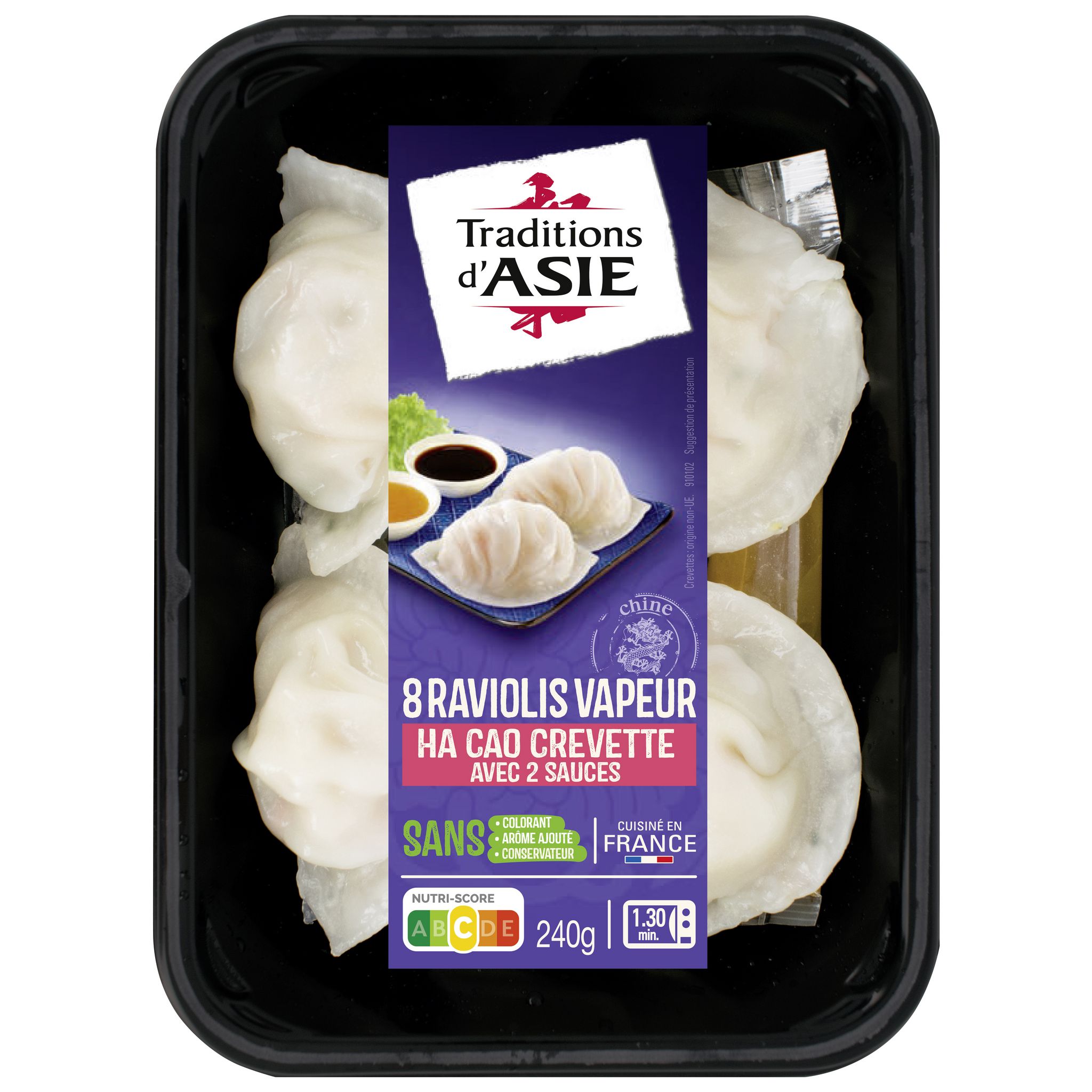 TRADITIONS D'ASIE Raviolis vapeur ha cao crevette avec 2 sauces 8 pièces 240g