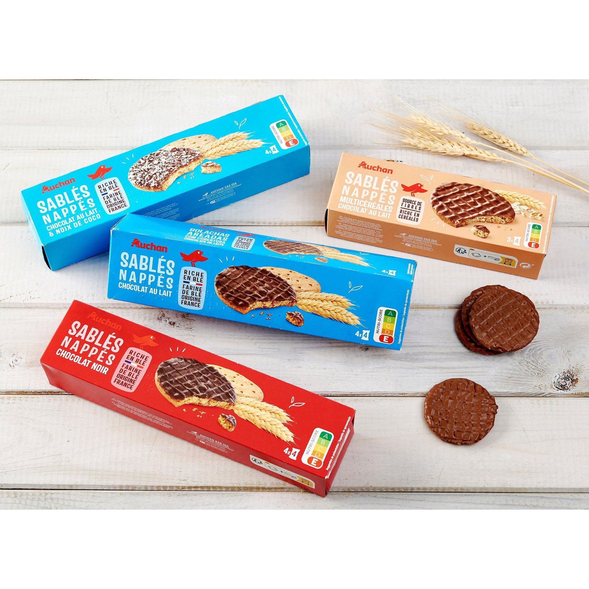 Voir la diapositive 2 : AUCHAN Biscuits sablés nappés de chocolat au lait sachets fraîcheur 4x4 biscuits 200g