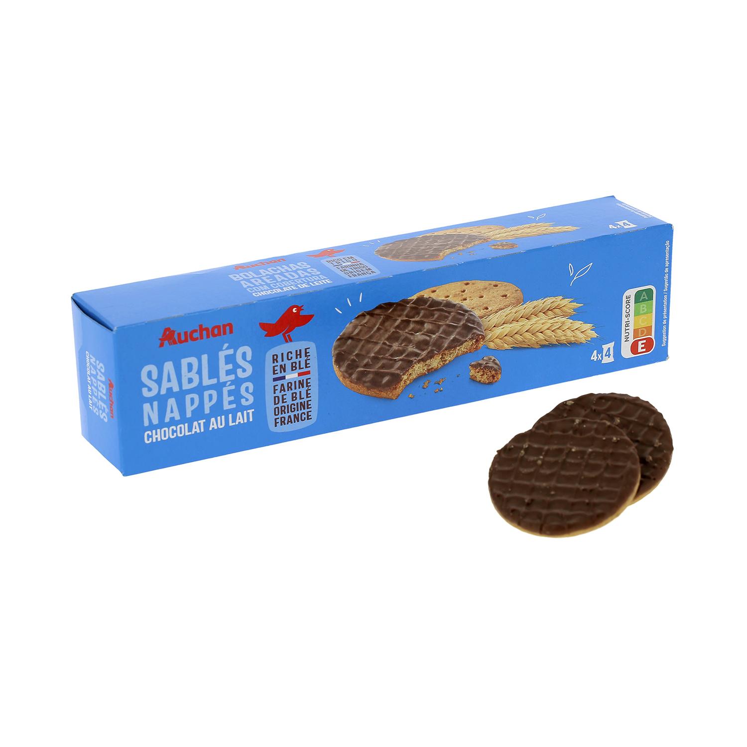 Voir la diapositive 3 : AUCHAN Biscuits sablés nappés de chocolat au lait sachets fraîcheur 4x4 biscuits 200g