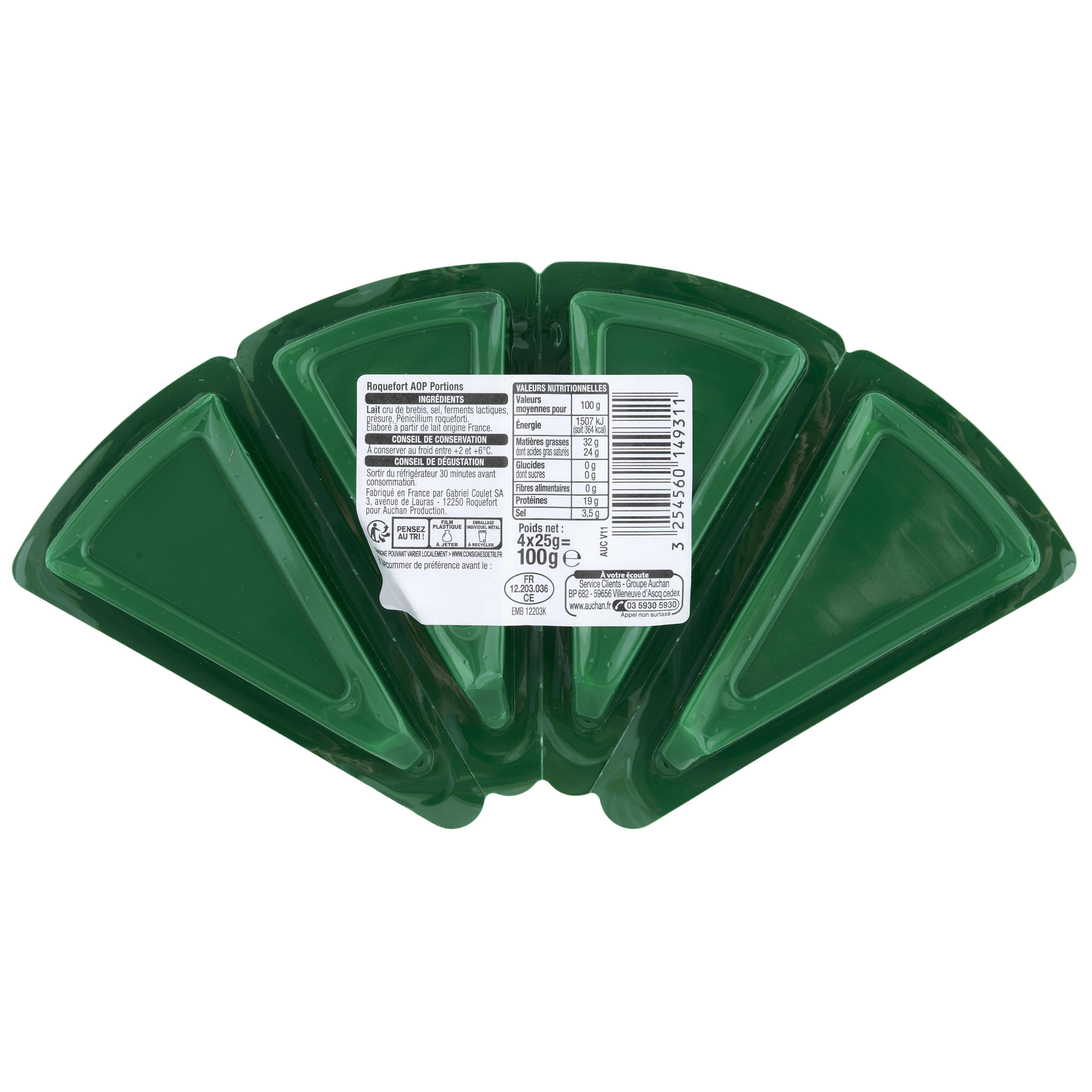 Voir la diapositive 2 : AUCHAN CULTIVONS LE BON Portions de roquefort AOP 4 parts 4x25g