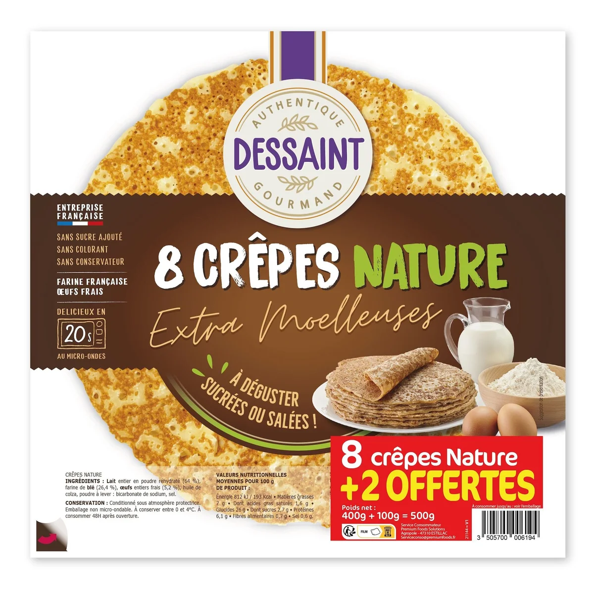 DESSAINT Crêpes nature sans sucres ajoutés 8 pièces + 2 offertes 500g ...