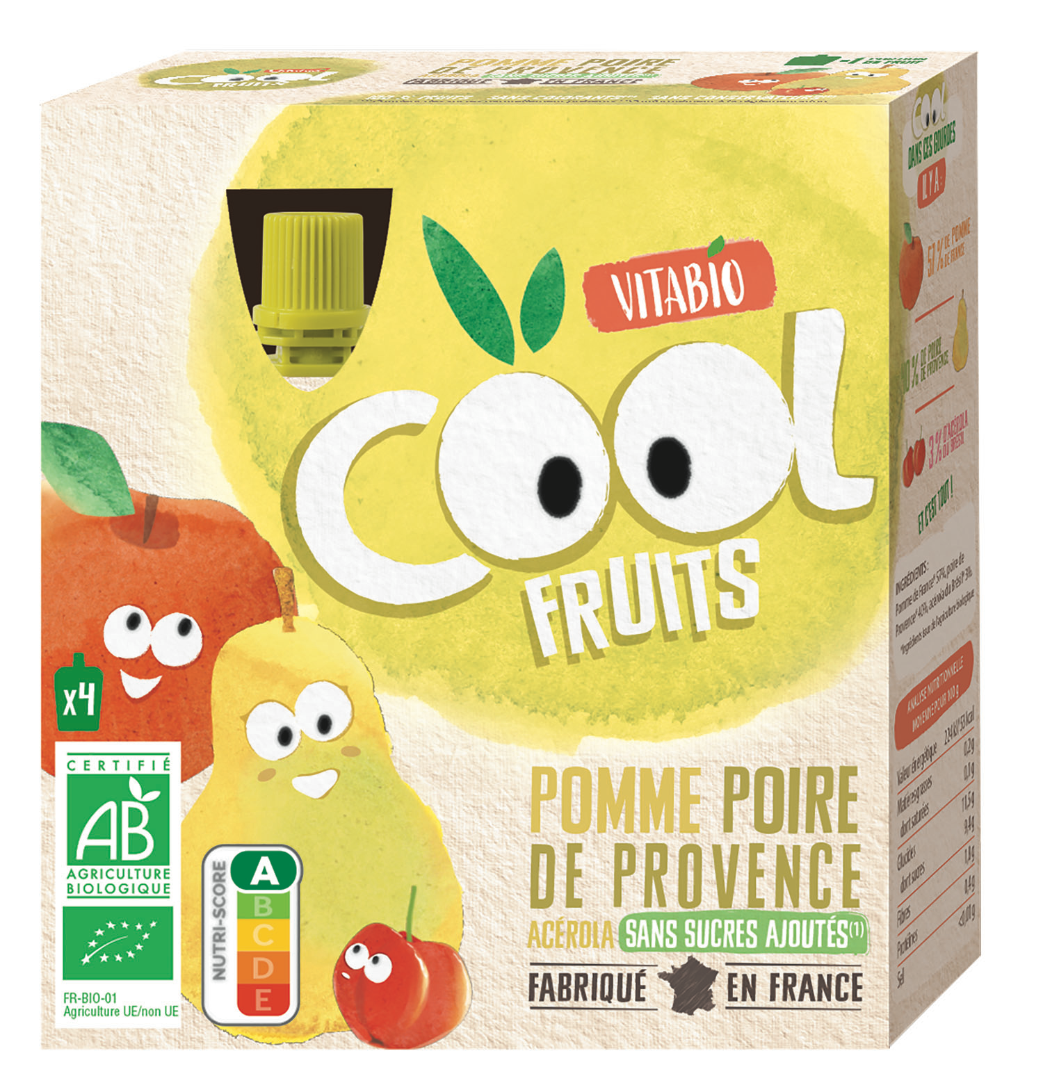 Voir la diapositive 2 : VITABIO Cool Fruits Gourdes compote de pomme poire bio sans cures ajoutés 4x90g
