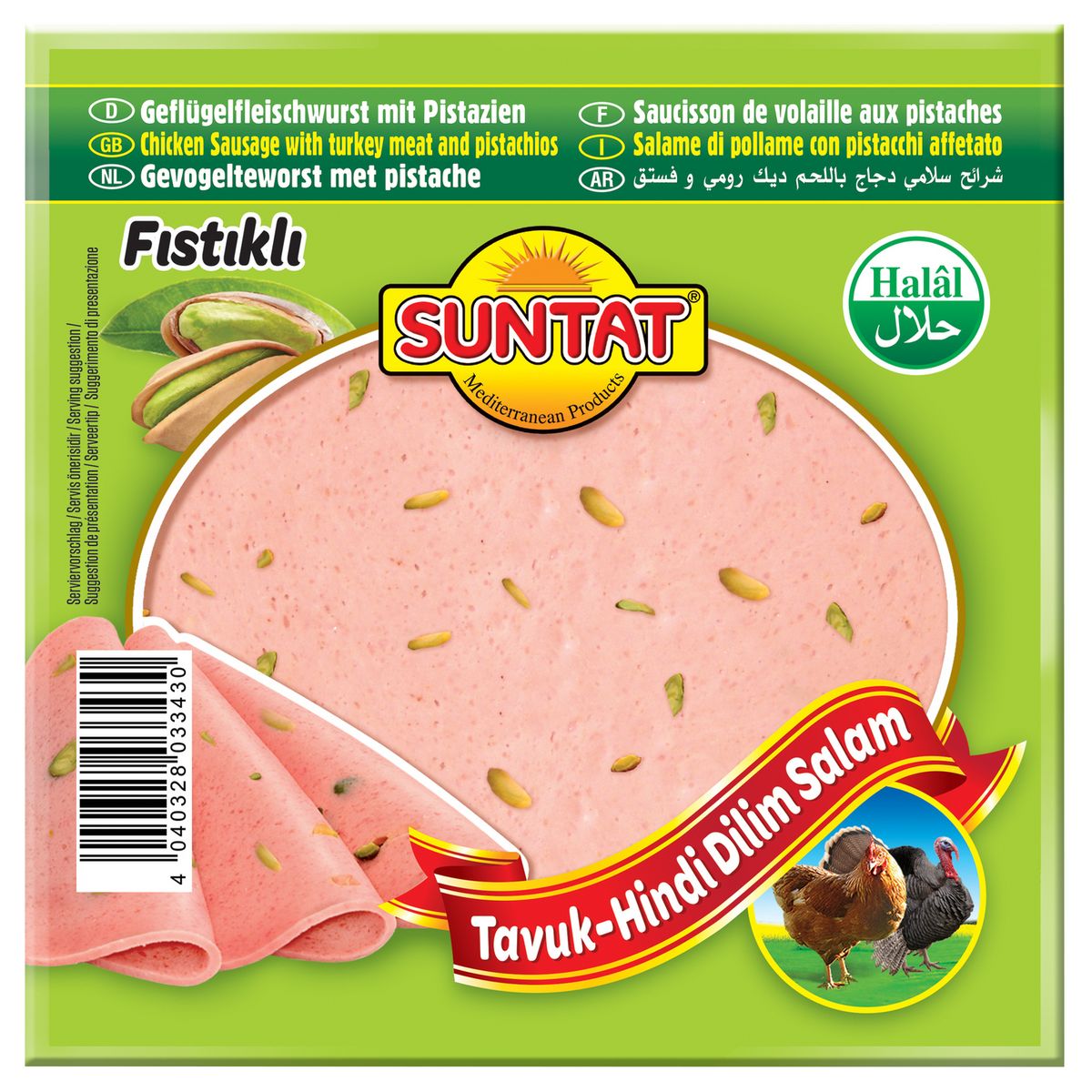 SUNTAT Saucisson de volaille halal aux pistaches 200g