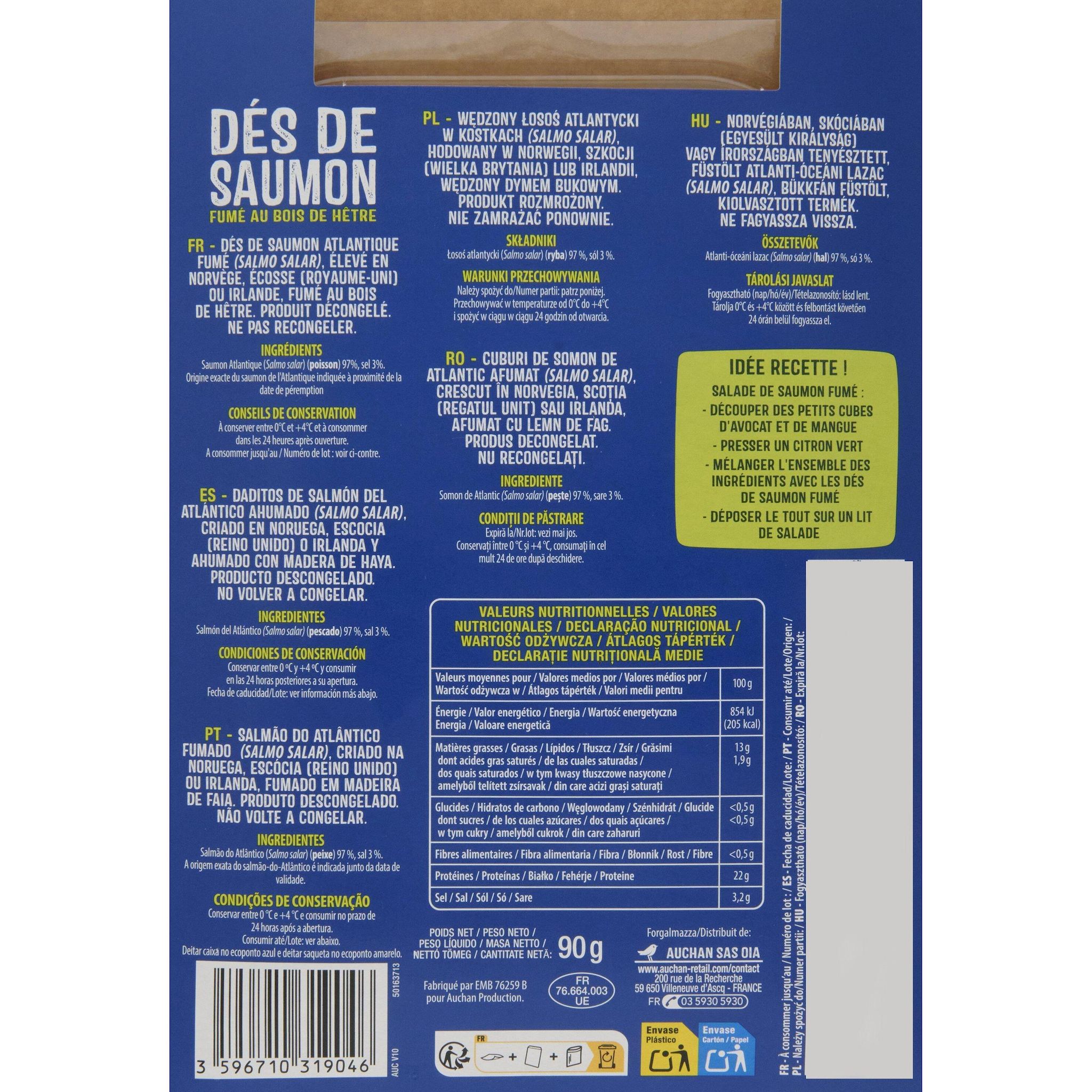 Voir la diapositive 2 : AUCHAN Dés de saumon fumé au bois de hêtre 90g
