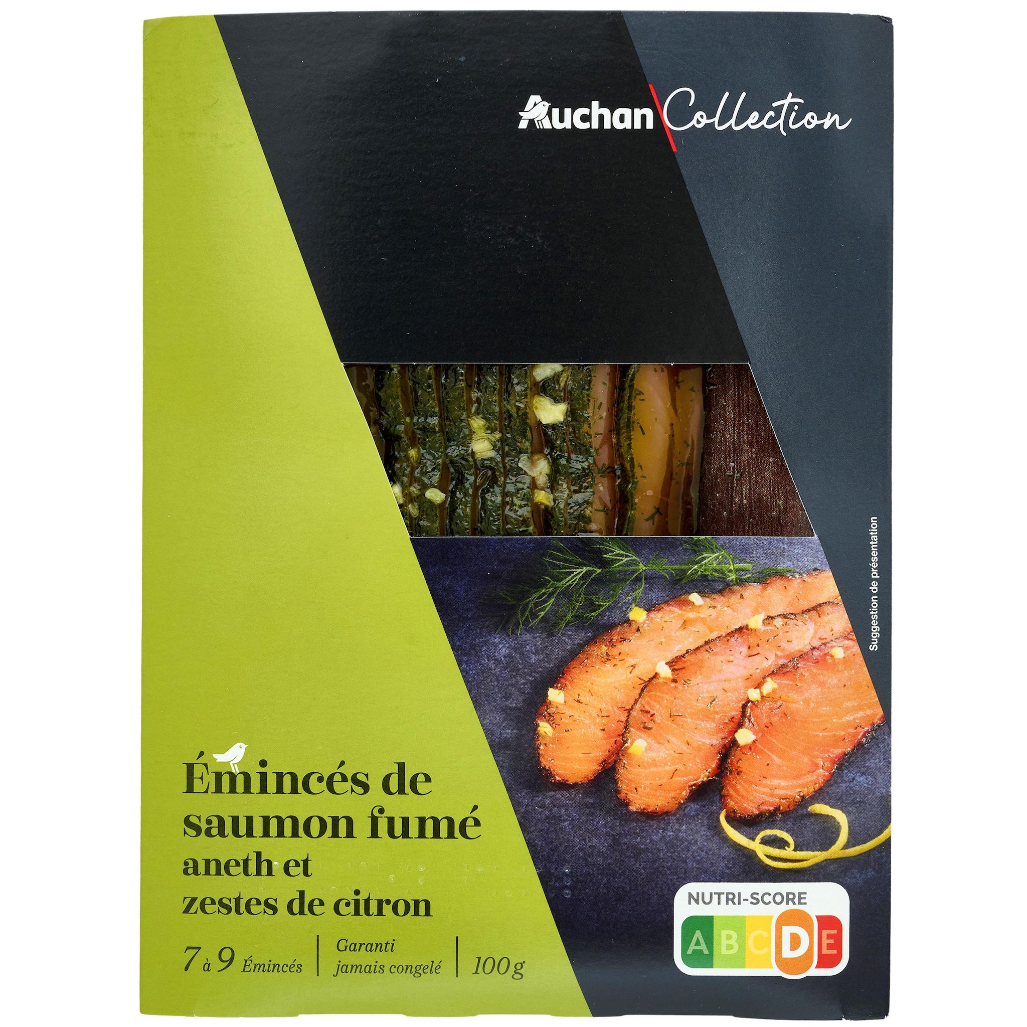 Voir la diapositive 2 : AUCHAN COLLECTION Émincés de saumon fumé aneth et zestes de citron 7/9 pièces 100g