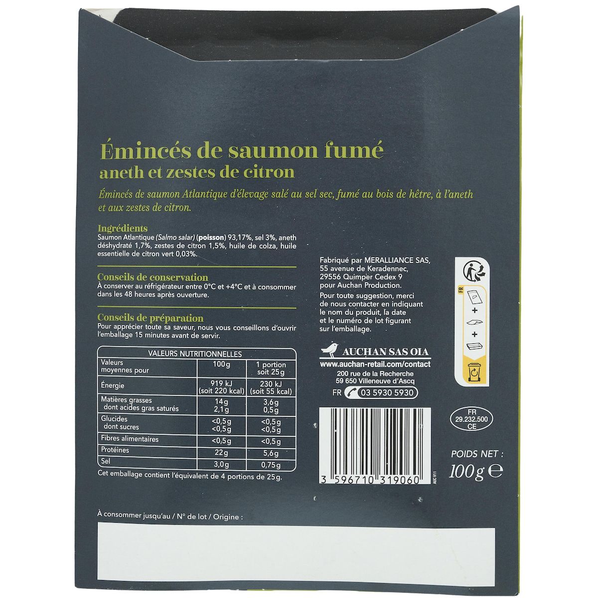 AUCHAN COLLECTION Émincés de saumon fumé aneth et zestes de citron 7/9 pièces 100g