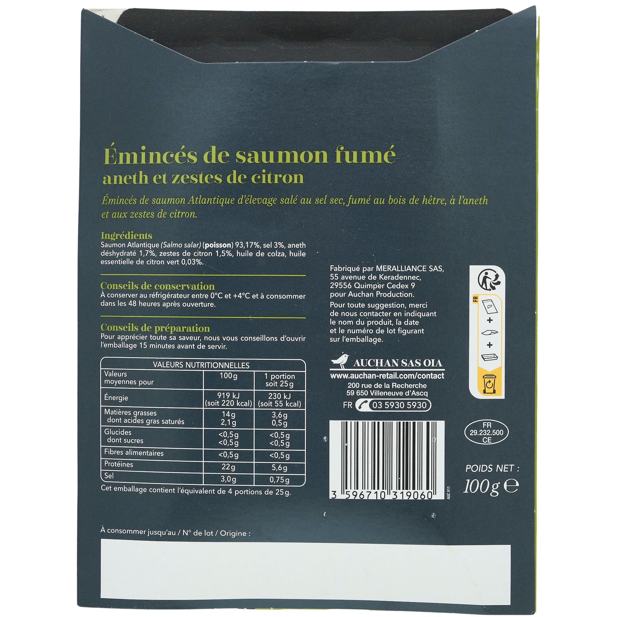 Voir la diapositive 4 : AUCHAN COLLECTION Émincés de saumon fumé aneth et zestes de citron 7/9 pièces 100g