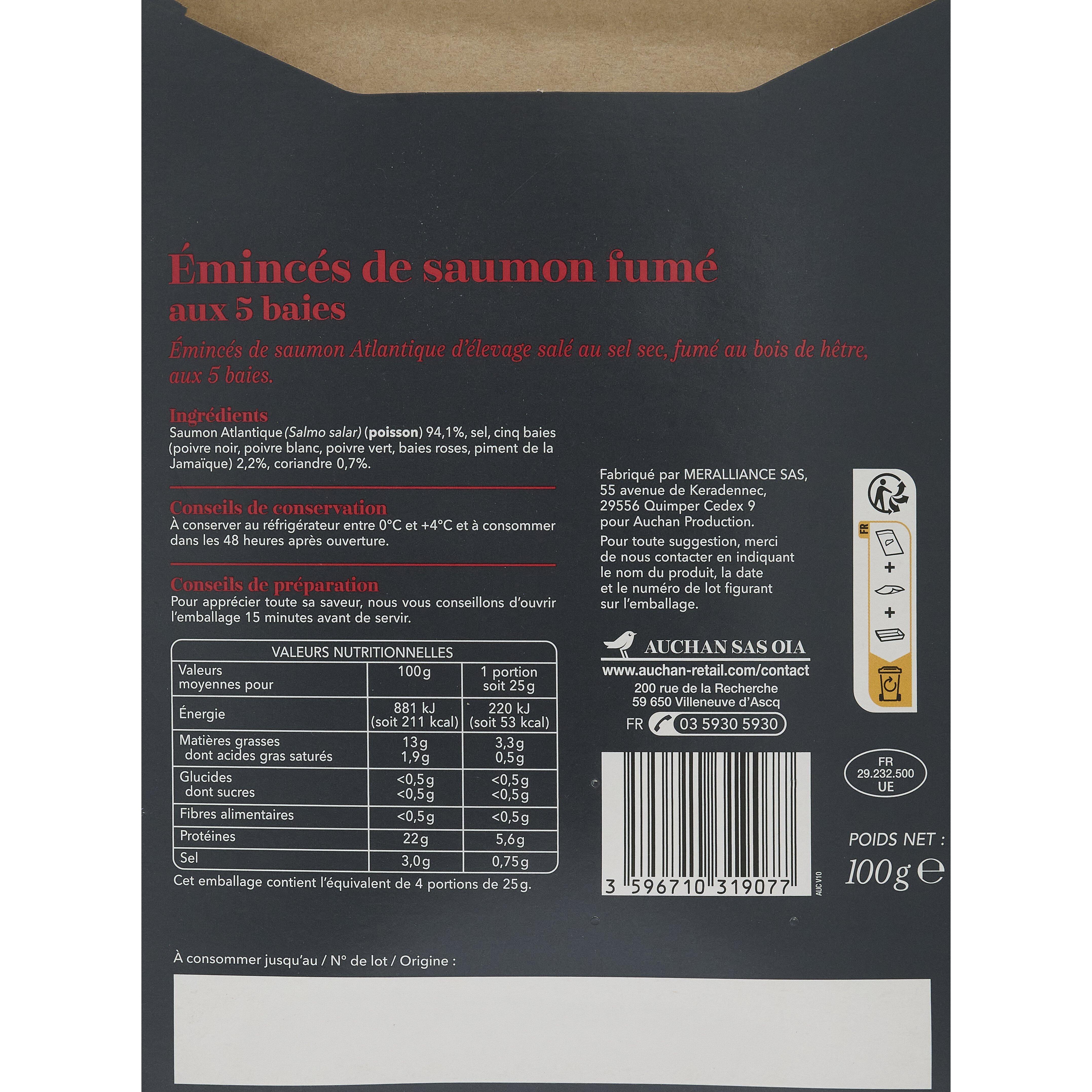 Voir la diapositive 3 : AUCHAN COLLECTION Émincés de saumon fumé aux 5 baies 7/9 pièces 100g