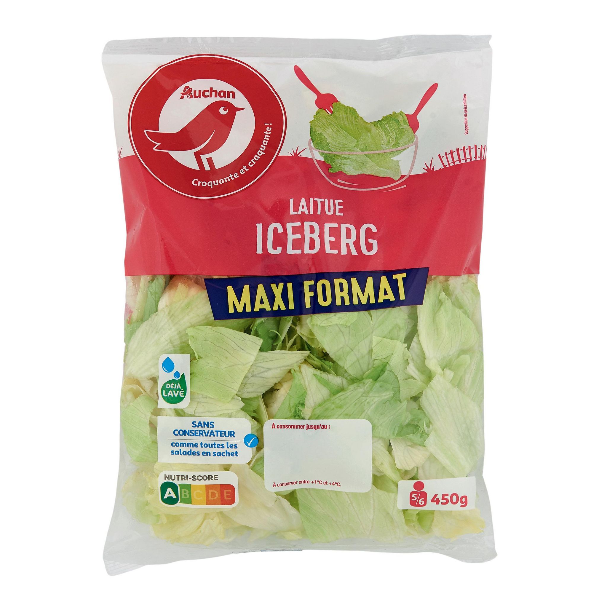 Voir la diapositive 2 : AUCHAN Laitue iceberg 5-6 parts 450g