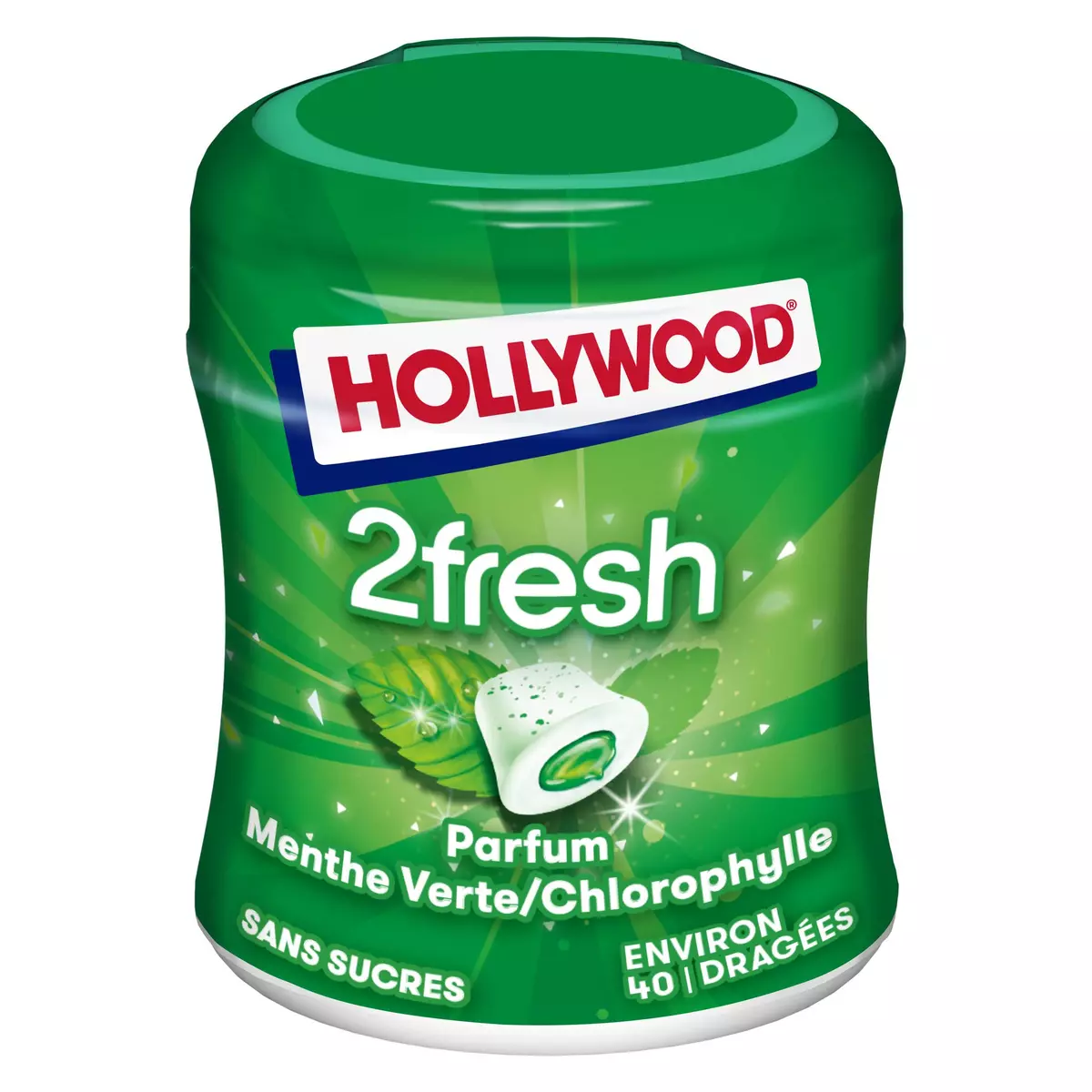 HOLLYWOOD 2 fresh chewing-gums sans sucres menthe verte chlorophylle 40 dragées 88g