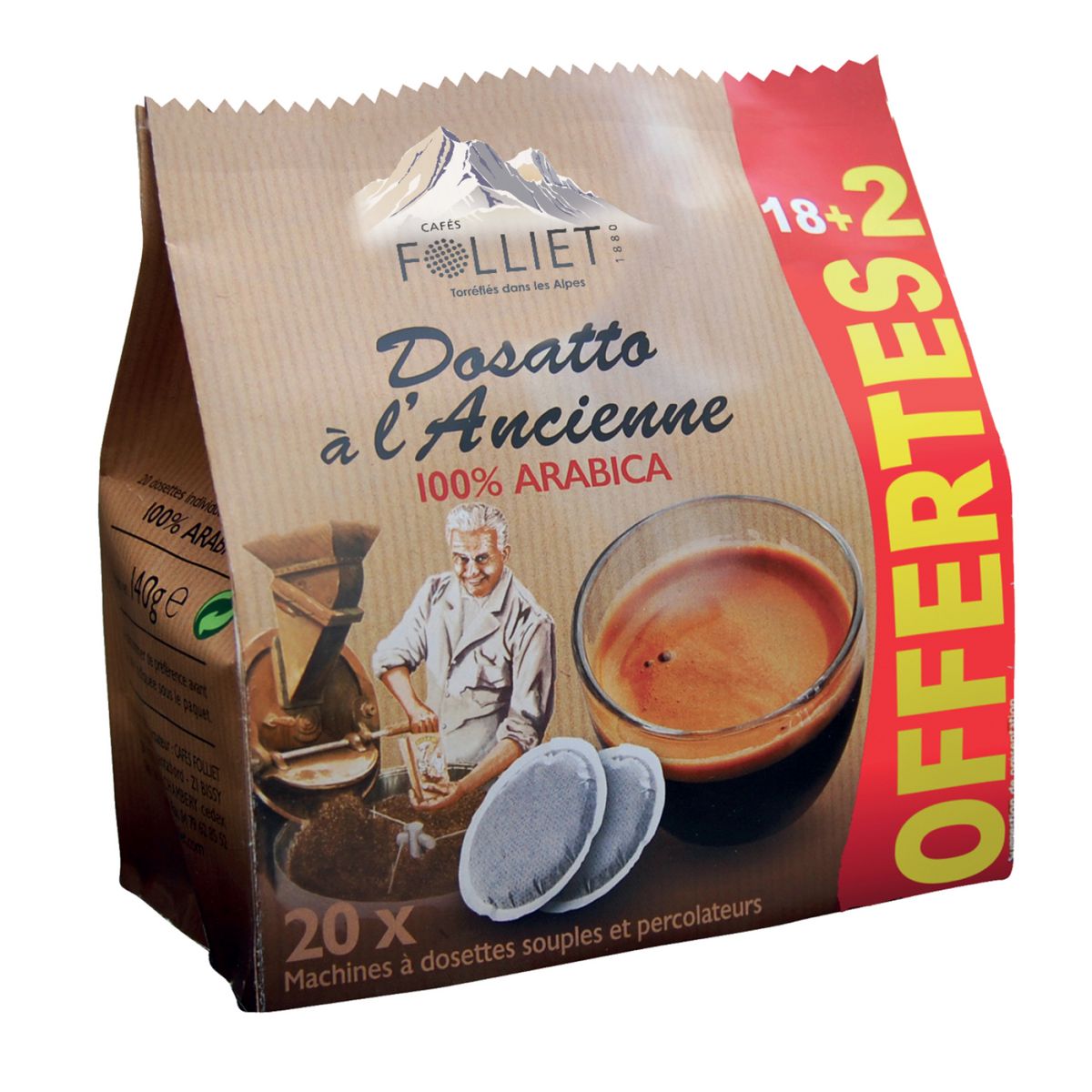 FOLLIET Dosettes de café dosatto à l'ancienne compatibles Senseo 18+2 dosettes offertes 140g