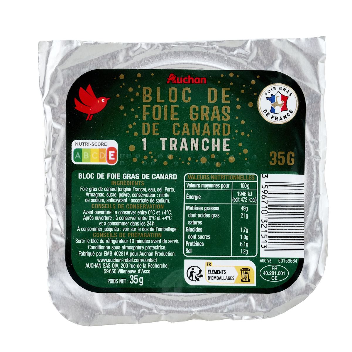 AUCHAN Bloc de foie gras de canard 1 part 35g