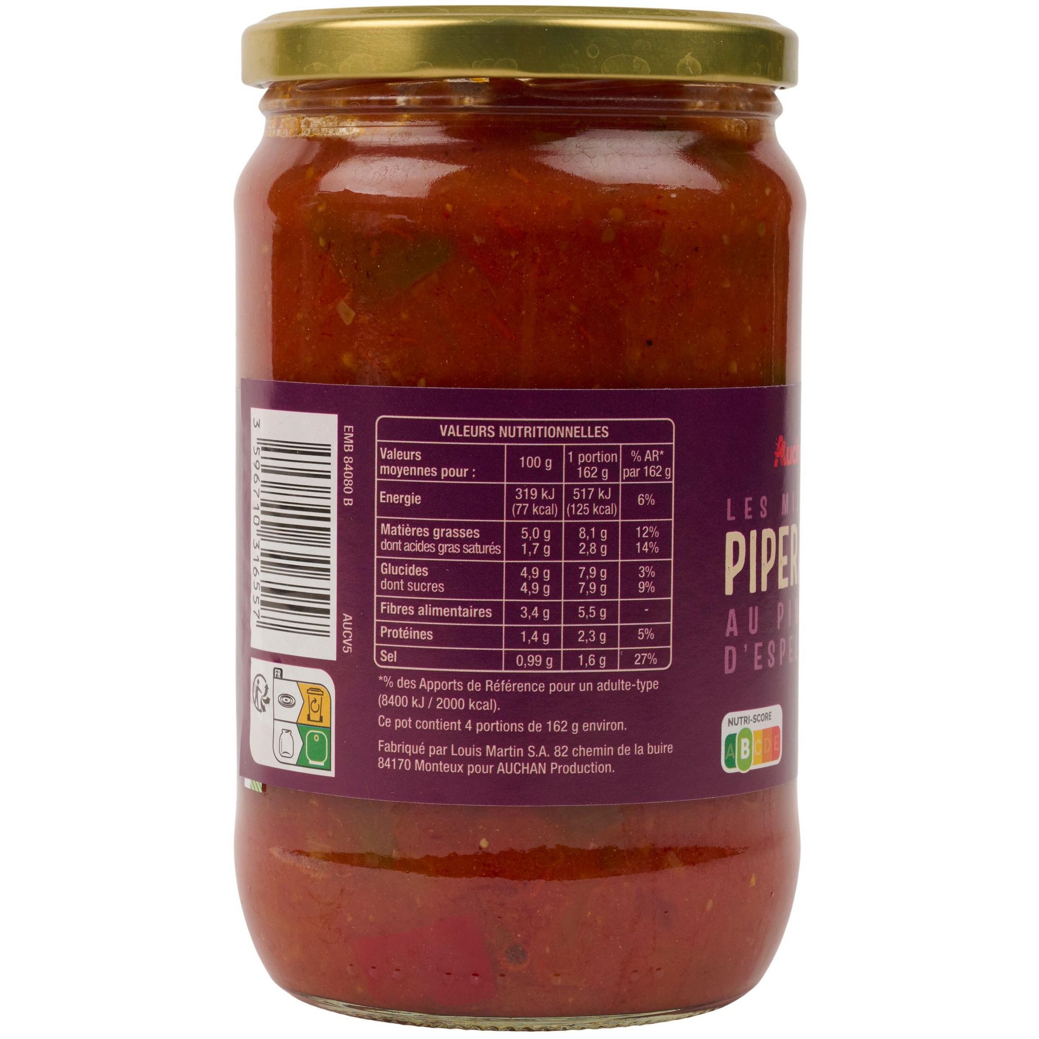 Voir la diapositive 2 : AUCHAN Piperade au piment d'Espelette en bocal 650g