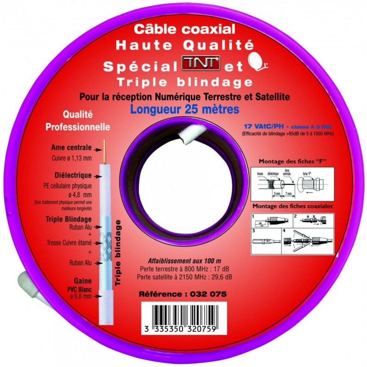 FUJIONKYO Connectique Antenne/Satellite Bobine Câble Coaxial Triple Blindage 25 mètres