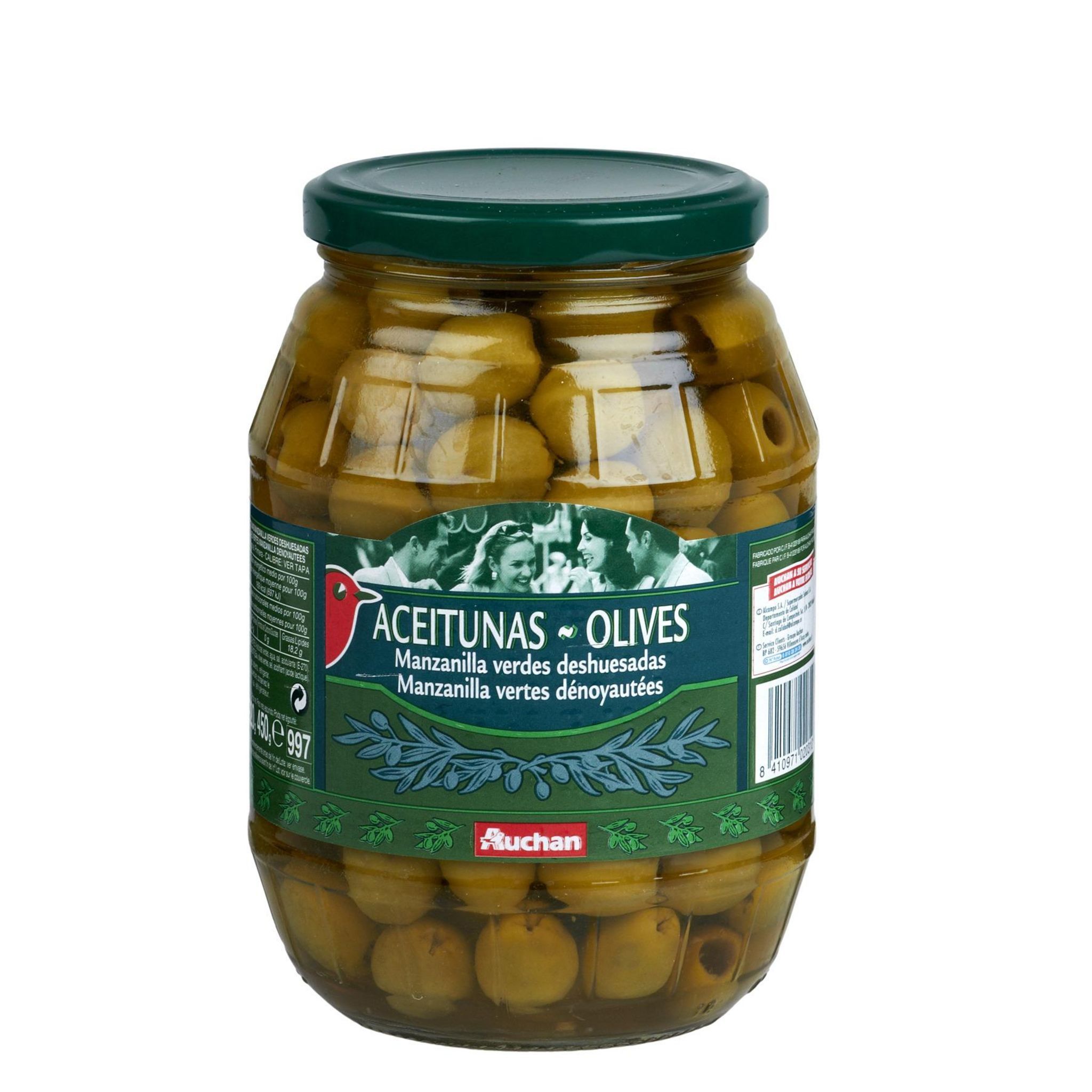 Voir la diapositive 2 : AUCHAN Olives vertes dénoyautées en bocal 450g