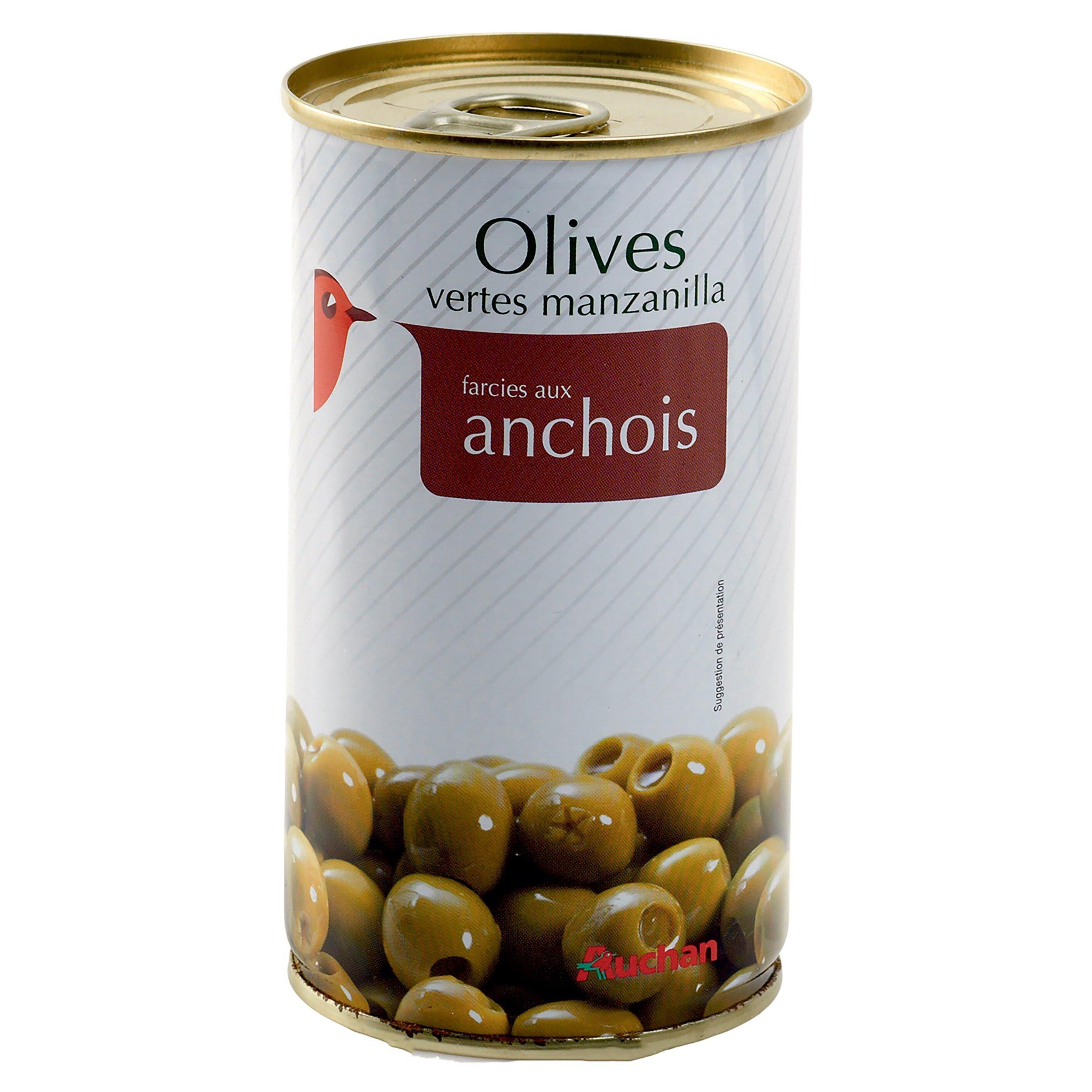 Voir la diapositive 2 : AUCHAN Olives vertes Manzanilla farcies aux anchois 150g