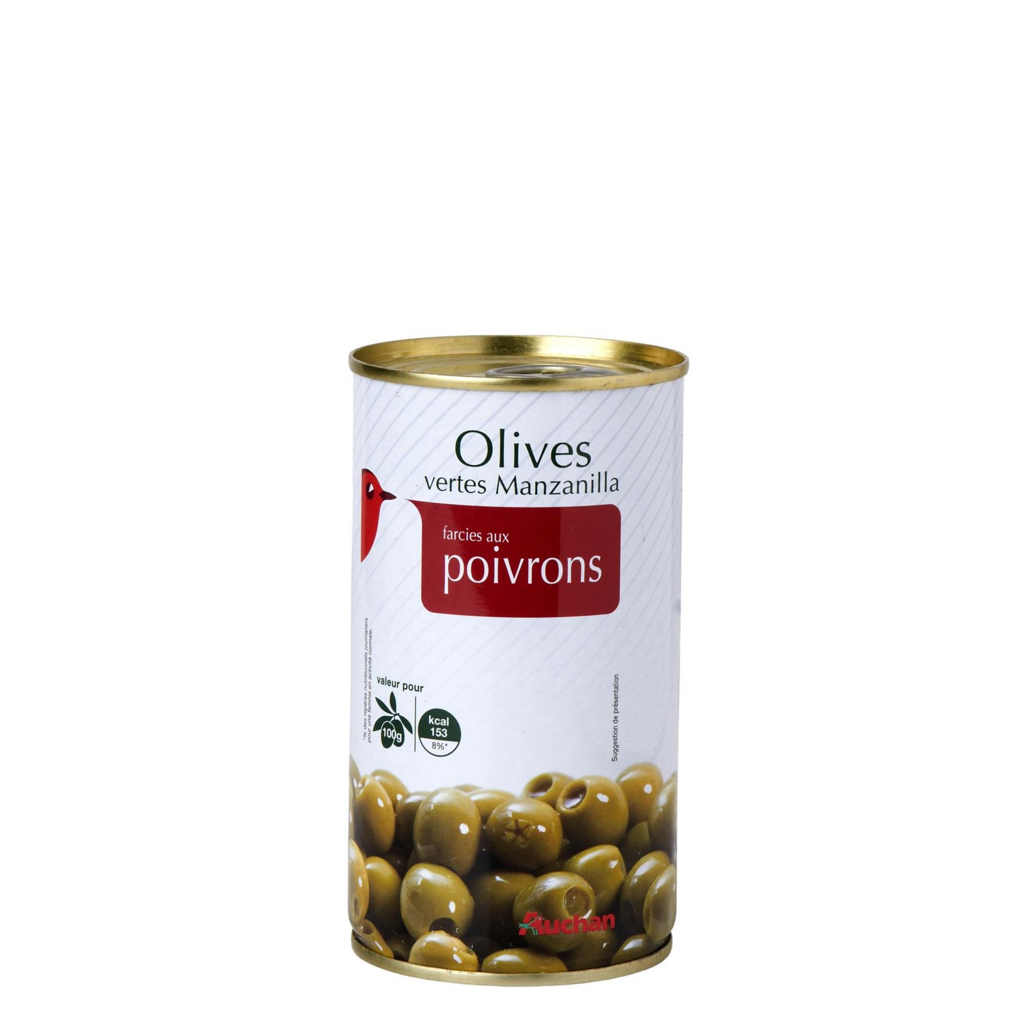 Voir la diapositive 2 : AUCHAN Olives vertes Manzanilla farcies aux poivrons 150g