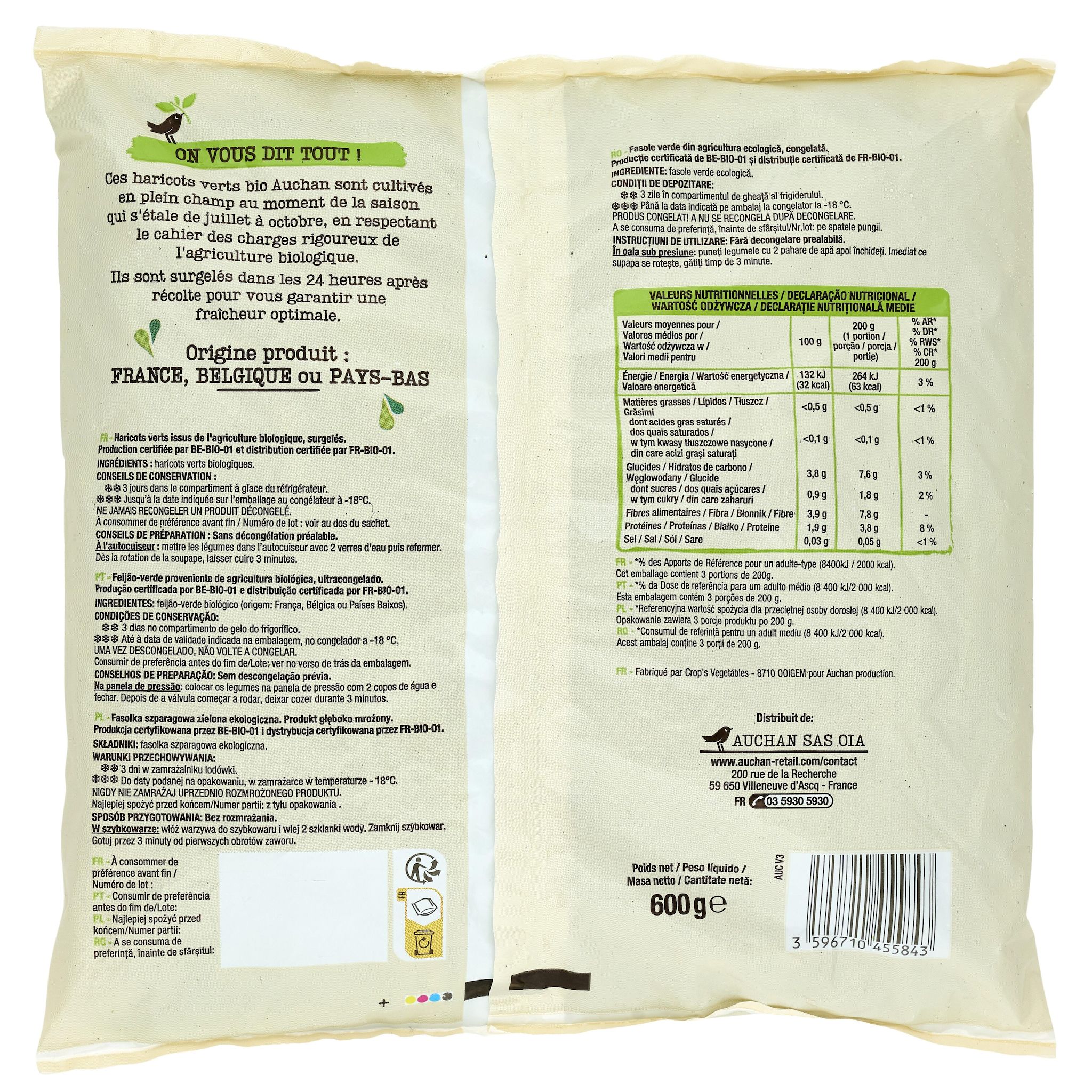 Voir la diapositive 3 : AUCHAN BIO CULTIVONS LE BON Haricots verts 3 portions 600g