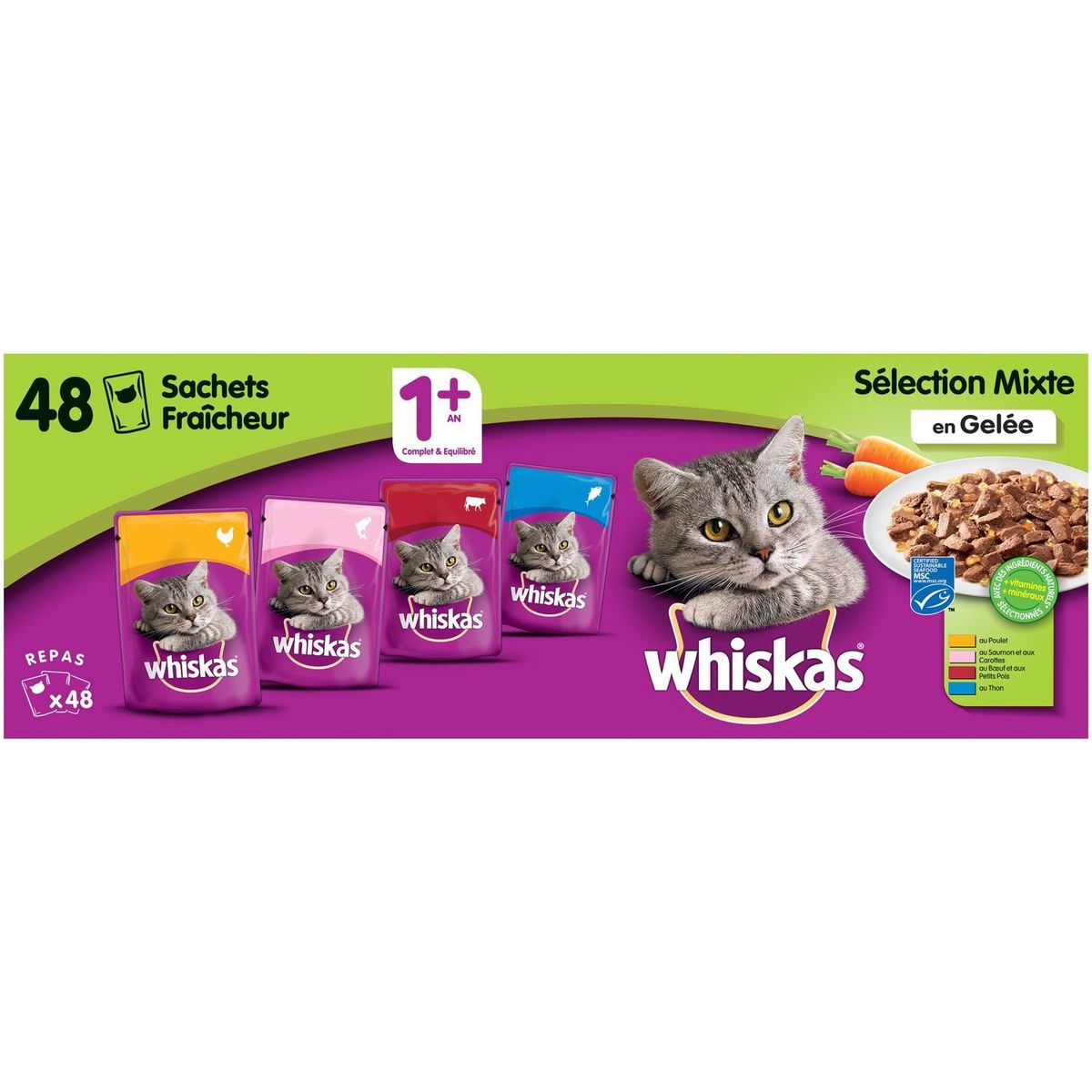 WHISKAS Sachets repas pâtée en gelée viandes poissons pour chat 48x85g