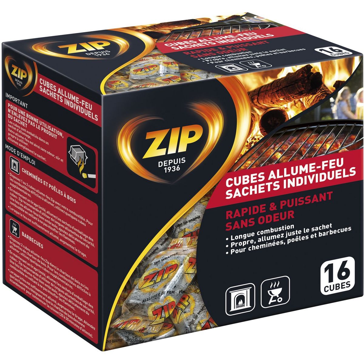 ZIP Allume-feux sans odeurs sachets individuels 16 cubes