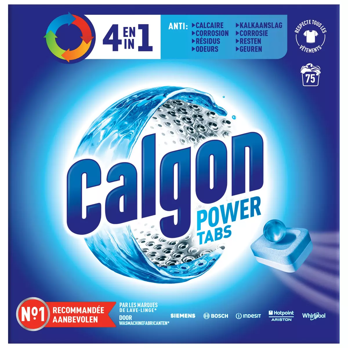 CALGON Tablettes anti-calcaire, résidus et odeurs lave-linge 75 lavages 75 tablettes