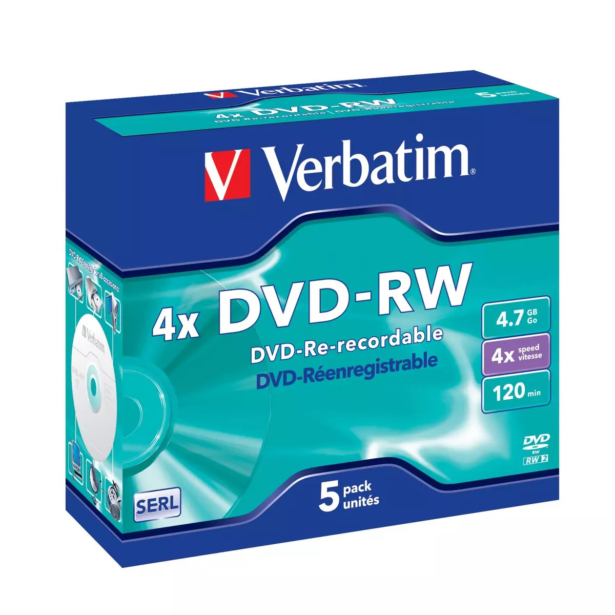 VERBATIM CD DVD vierge DataLifePlus - 120mn - 4.7 Go - 4x - 5 pièces en  boîte cristal pas cher 