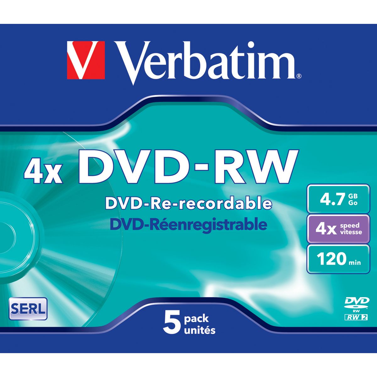 VERBATIM CD DVD vierge DataLifePlus - 120mn - 4.7 Go - 4x - 5 pièces en boîte cristal