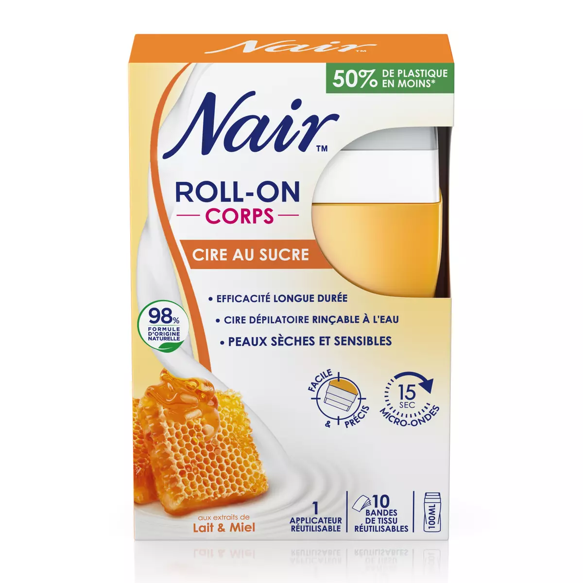 NAIR Roll on corps cire au sucre pour peaux sèches et sensibles 1 applicateur réutilisable 10 bandes de tissus réutilisables 100ml