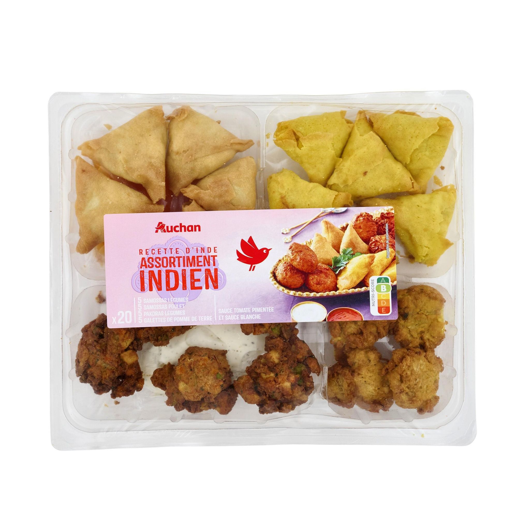 Voir la diapositive 2 : AUCHAN Plateau assortiment indien sauce tomate pimentée et sauce blanche 20 pièces 530g